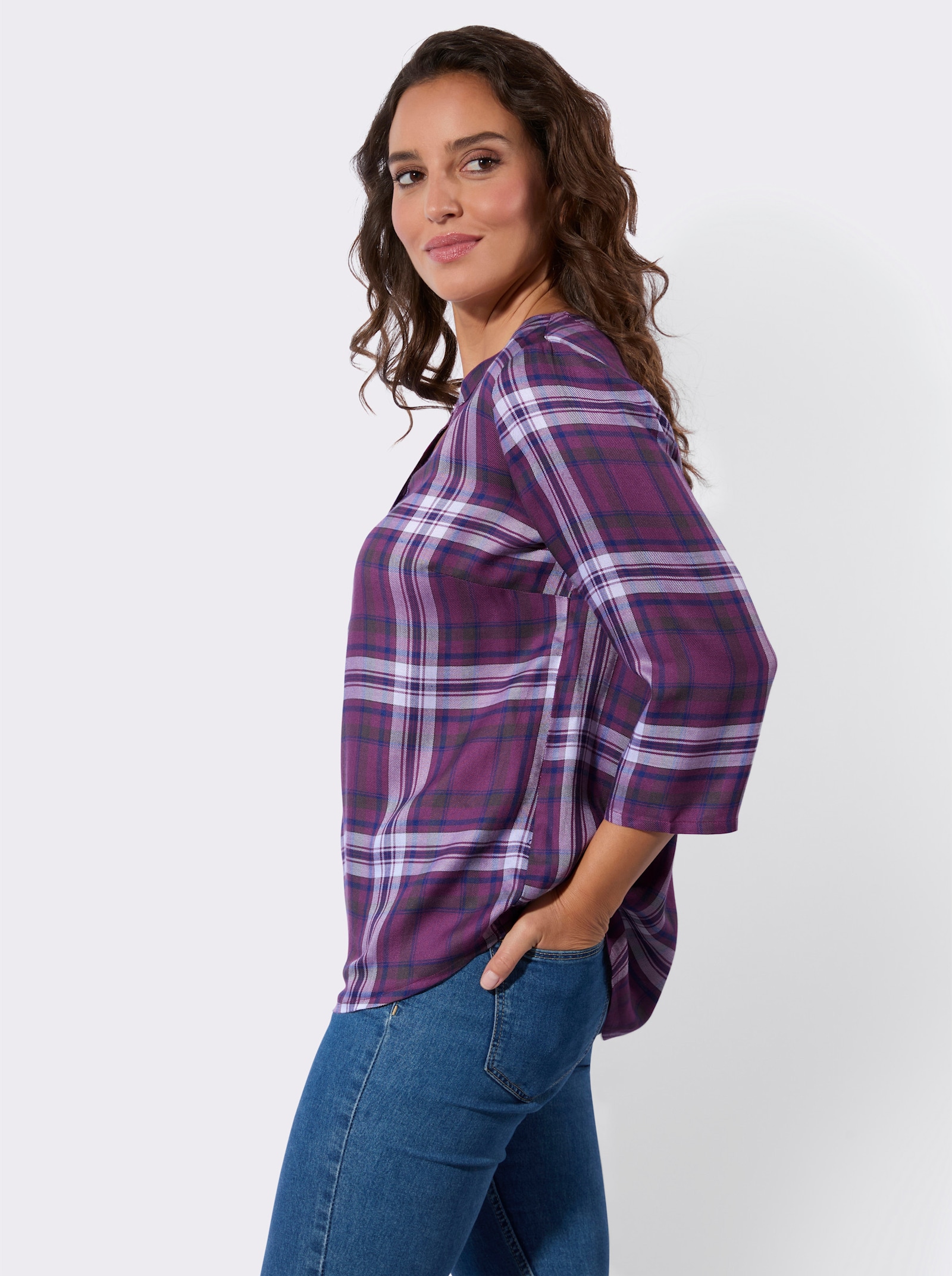 Karobluse im garngefärbten Dessin - violett-jeansblau-kariert