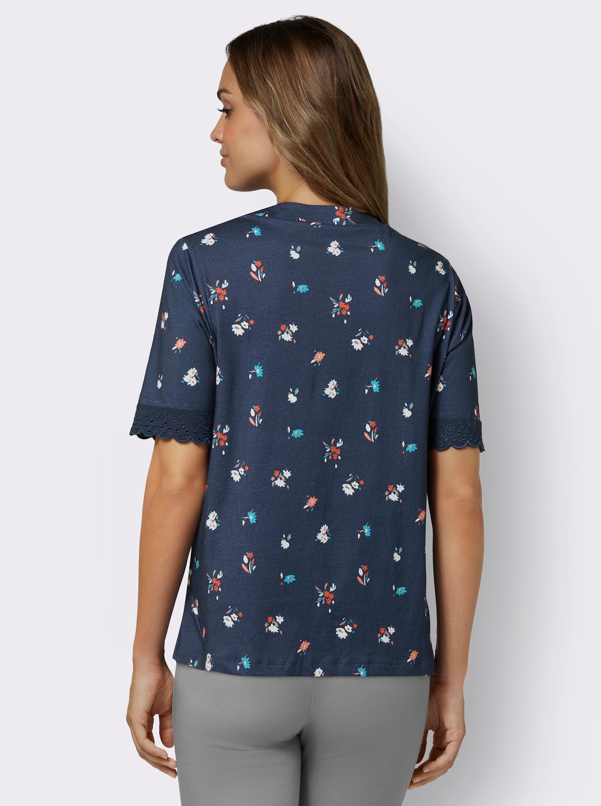 Kurzarm-Shirt - dunkelblau-flamingo-bedruckt