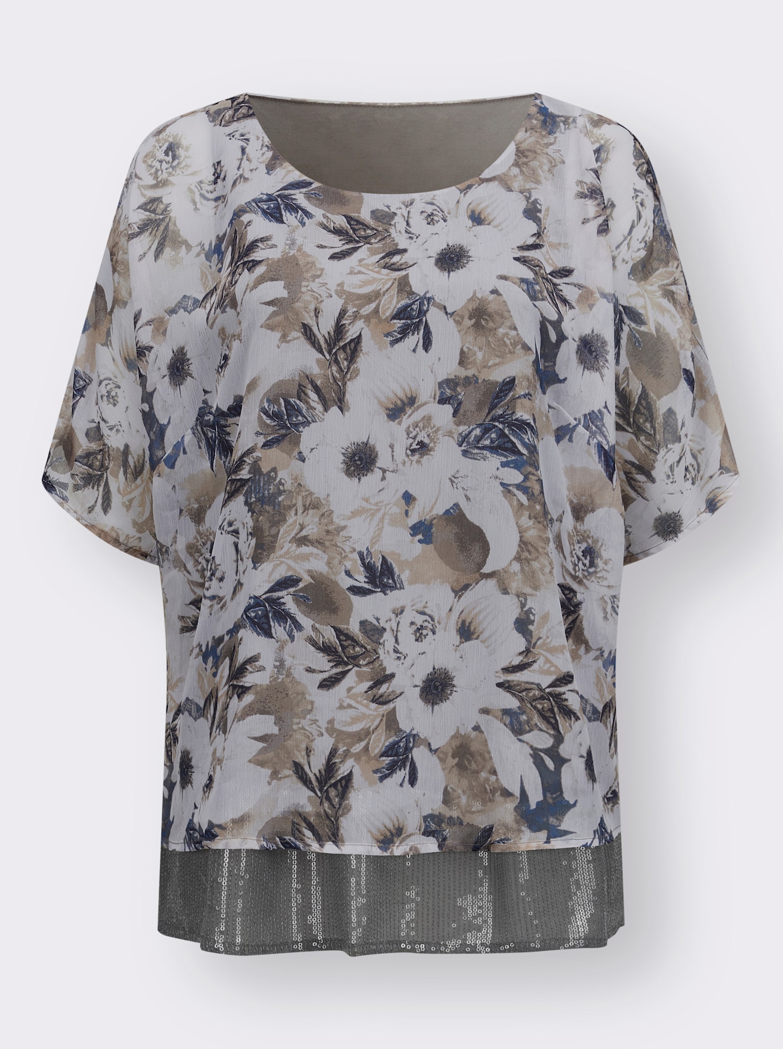 Kurzarm-Bluse im Lagen-Look, geblümt - hellgrau-jeansblau-bedruckt