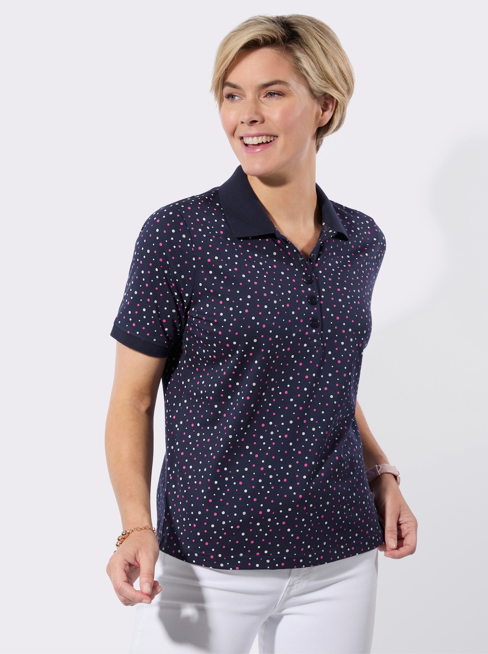 Poloshirt im Tupfendessin - marine-fuchsia-getupft