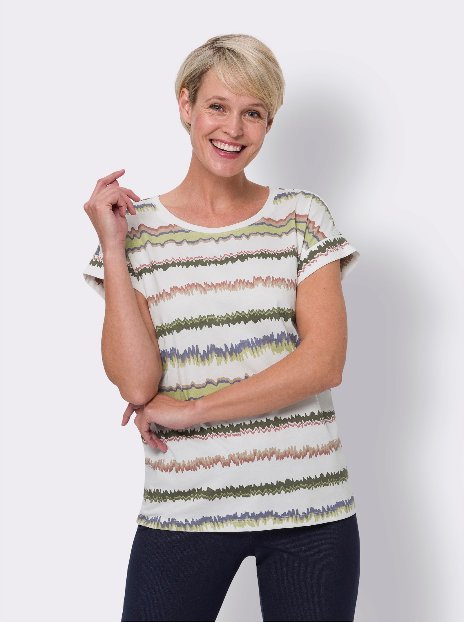 Rundhalsshirt aus reiner Baumwolle - ecru-khaki-bedruckt