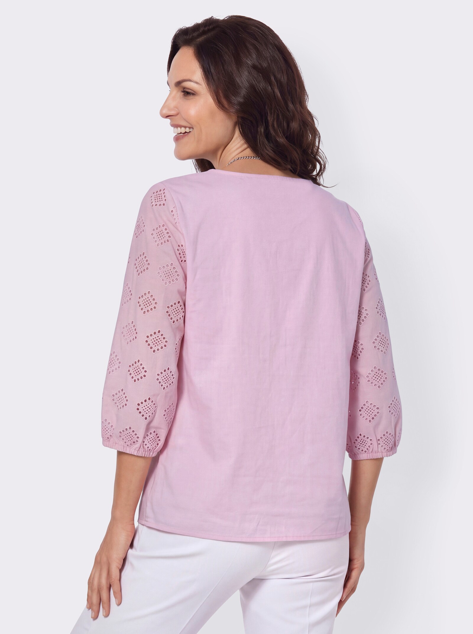 Druckbluse mit Lochstickerei-Partien - rosé
