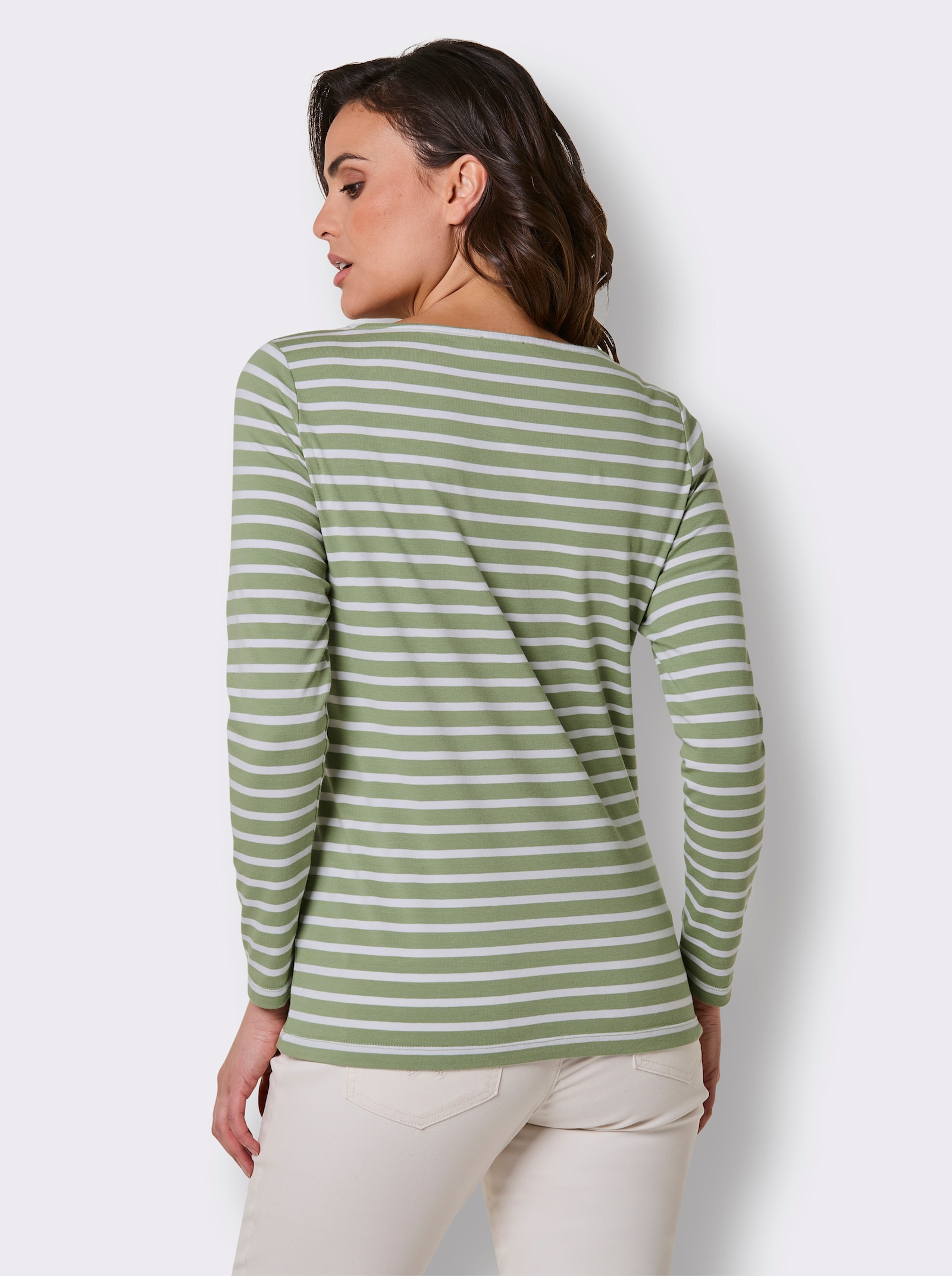 CREATION L PREMIUM Ringelshirt mit Strass-Steinchen - eucalyptus-weiß-geringelt