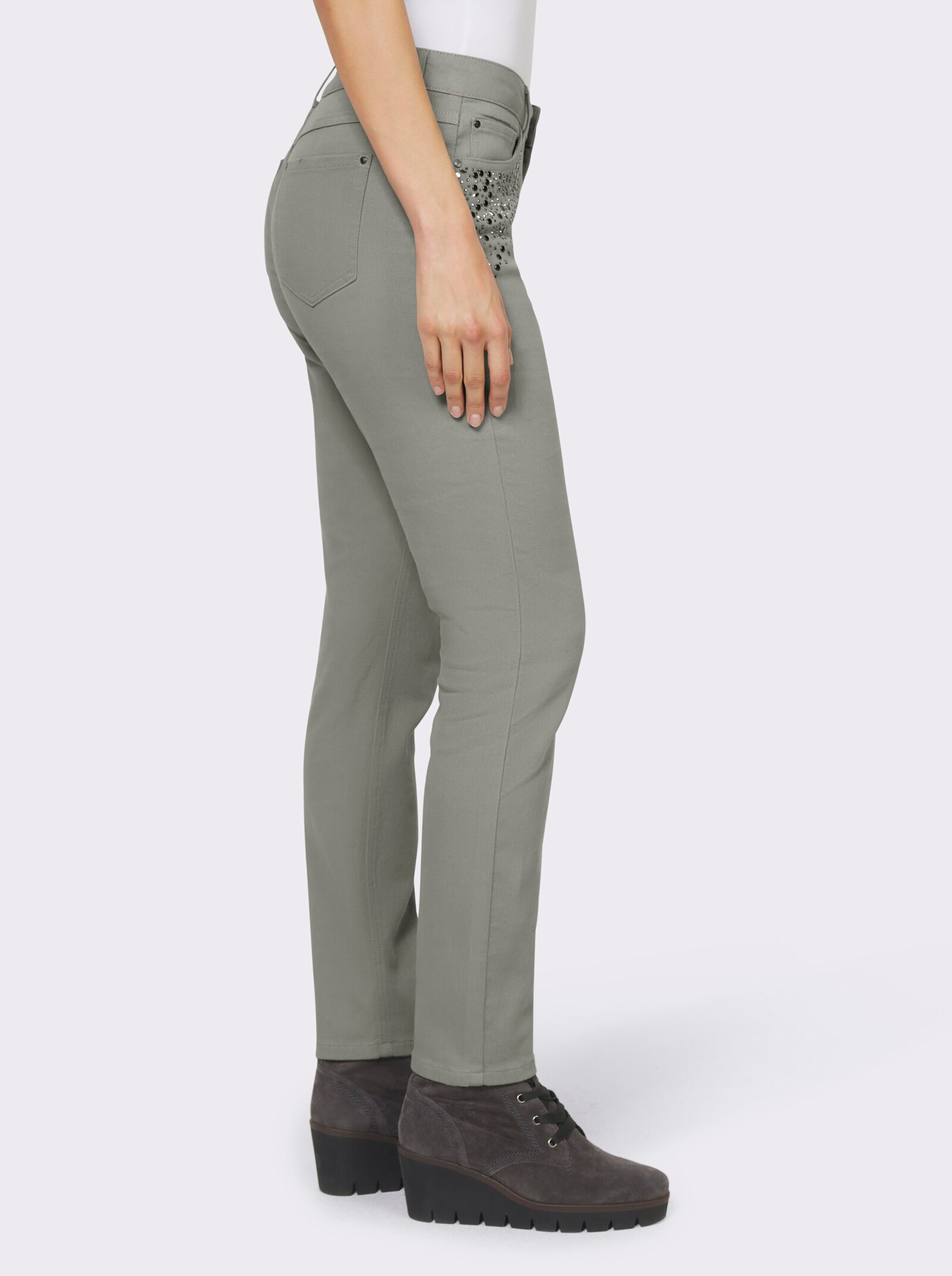 heine Broek met smalle pijpen en siersteentjes - leem