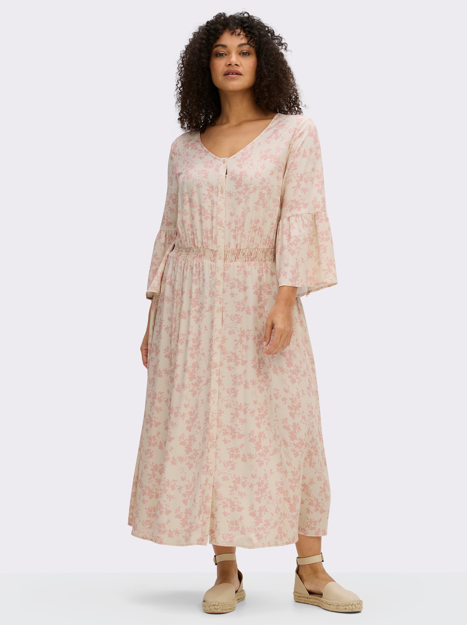 sheego Sommerkleid mit Volantärmeln - elfenbein-rosenquarz-bedruckt