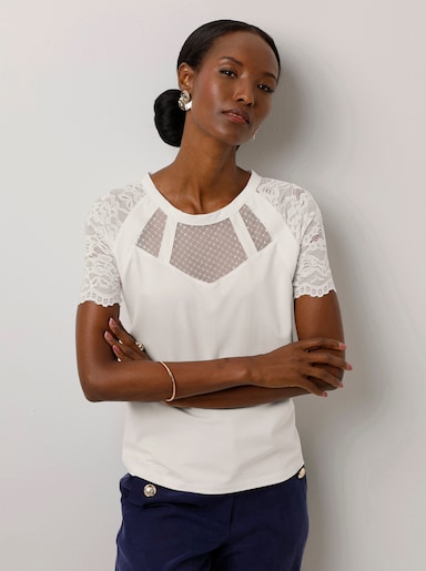 Rundhalsshirt mit Spitzen-Ärmel - ecru