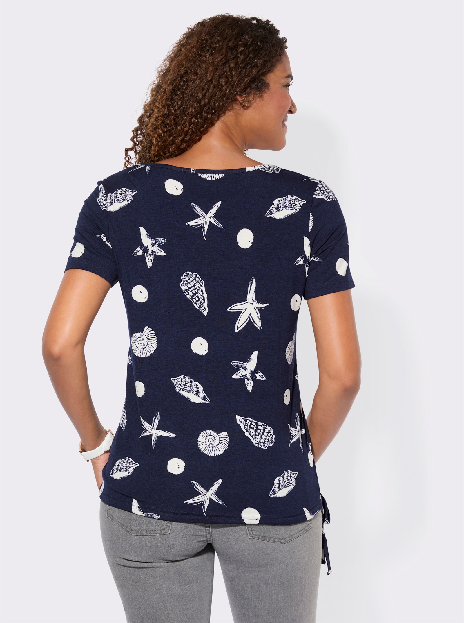 Kurzarmshirt mit Tunnelzug am Saum - marine-weiß-bedruckt