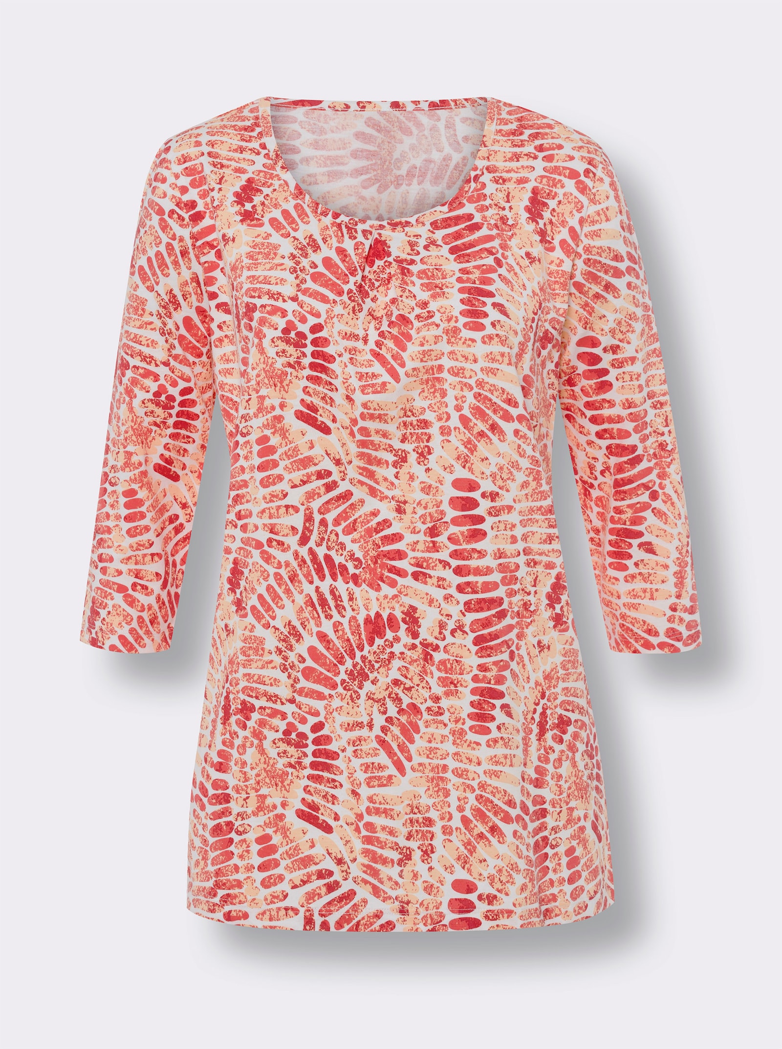 Lång topp med motveck fram - ecru-aprikos, med tryck