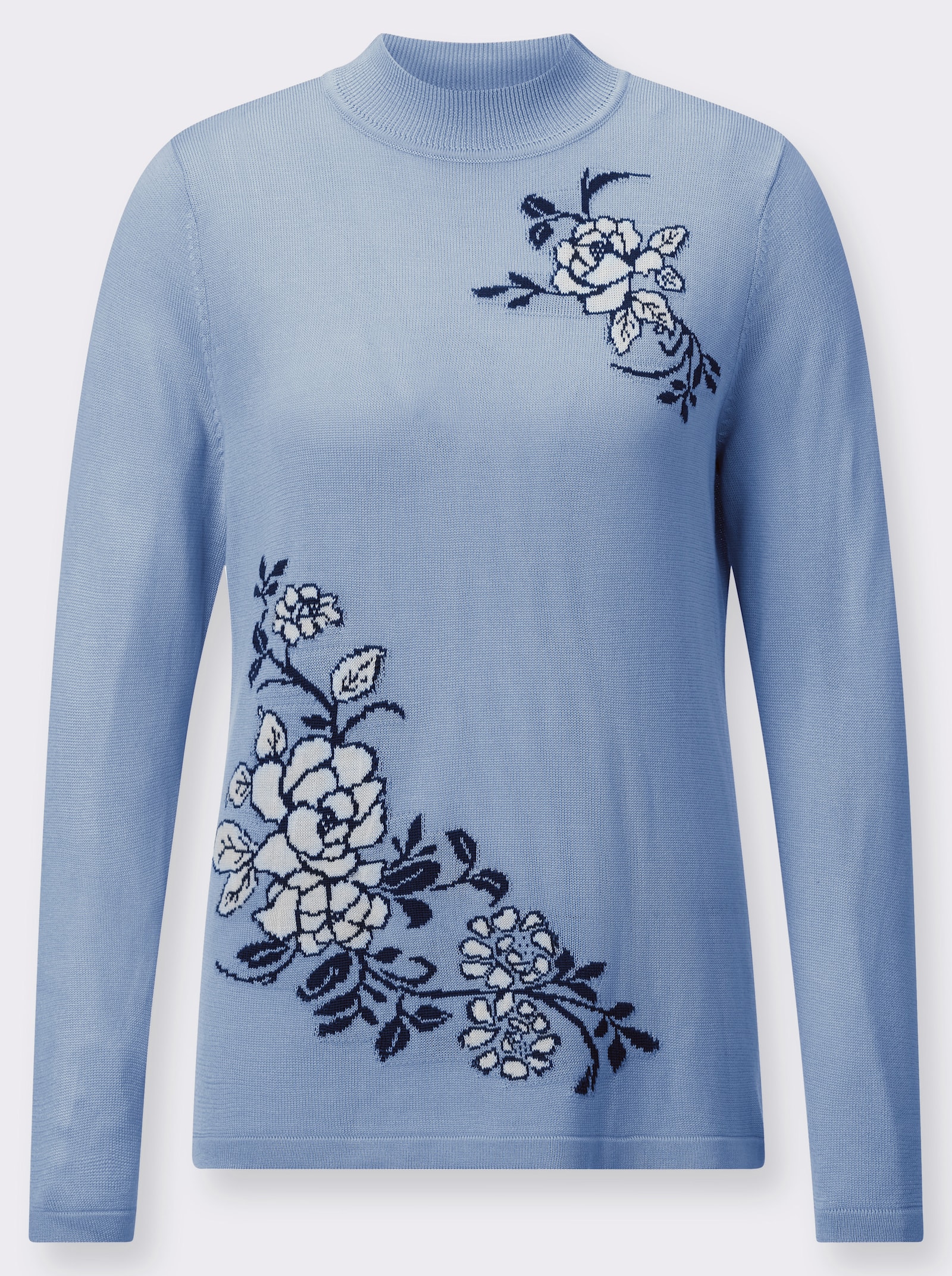 Stehkragenpullover mit floralem Intarsienmuster - eisblau