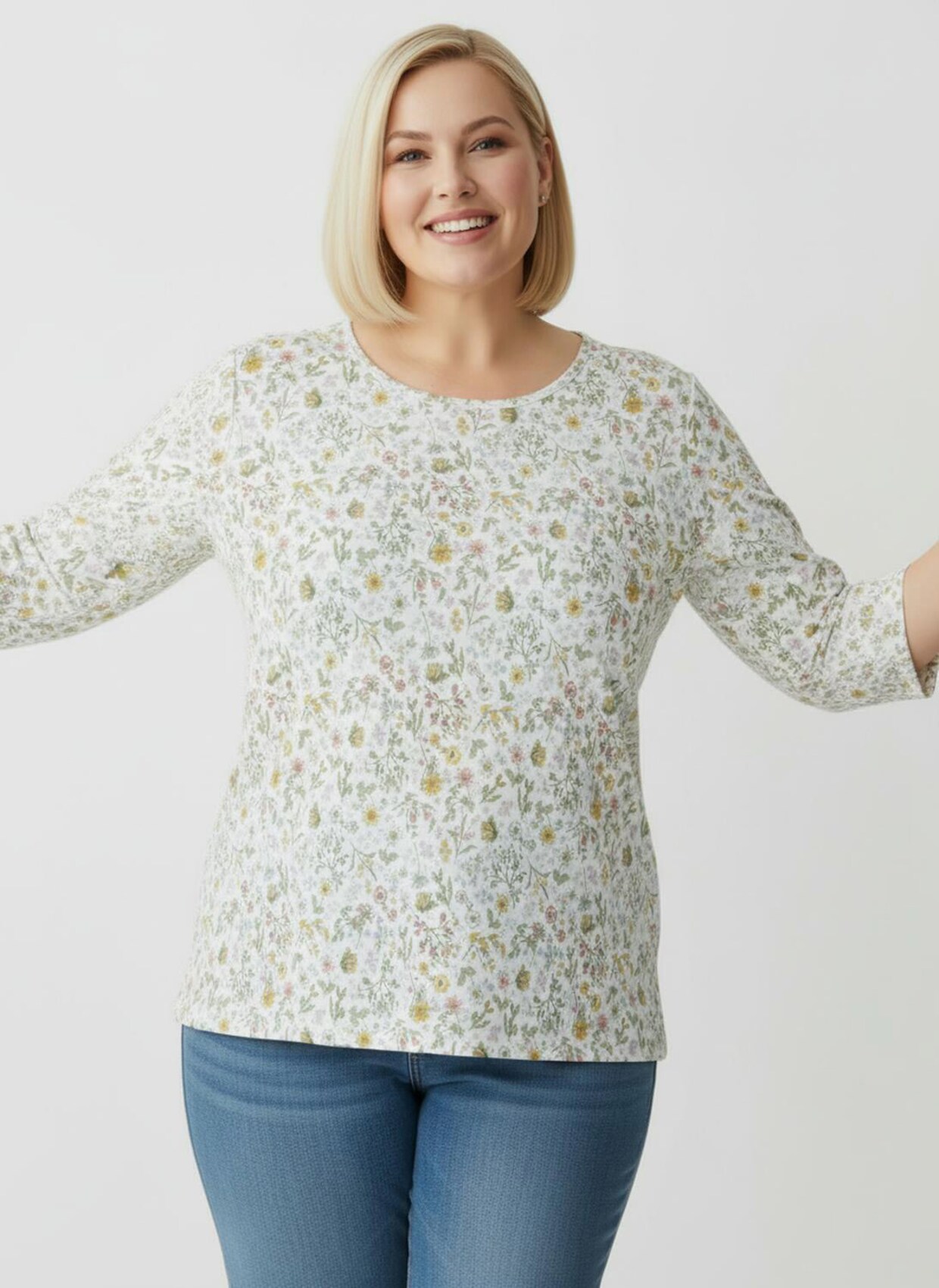 3/4-Arm-Shirt mit Wiesenblumen-Dessin - ecru-oliv-bedruckt