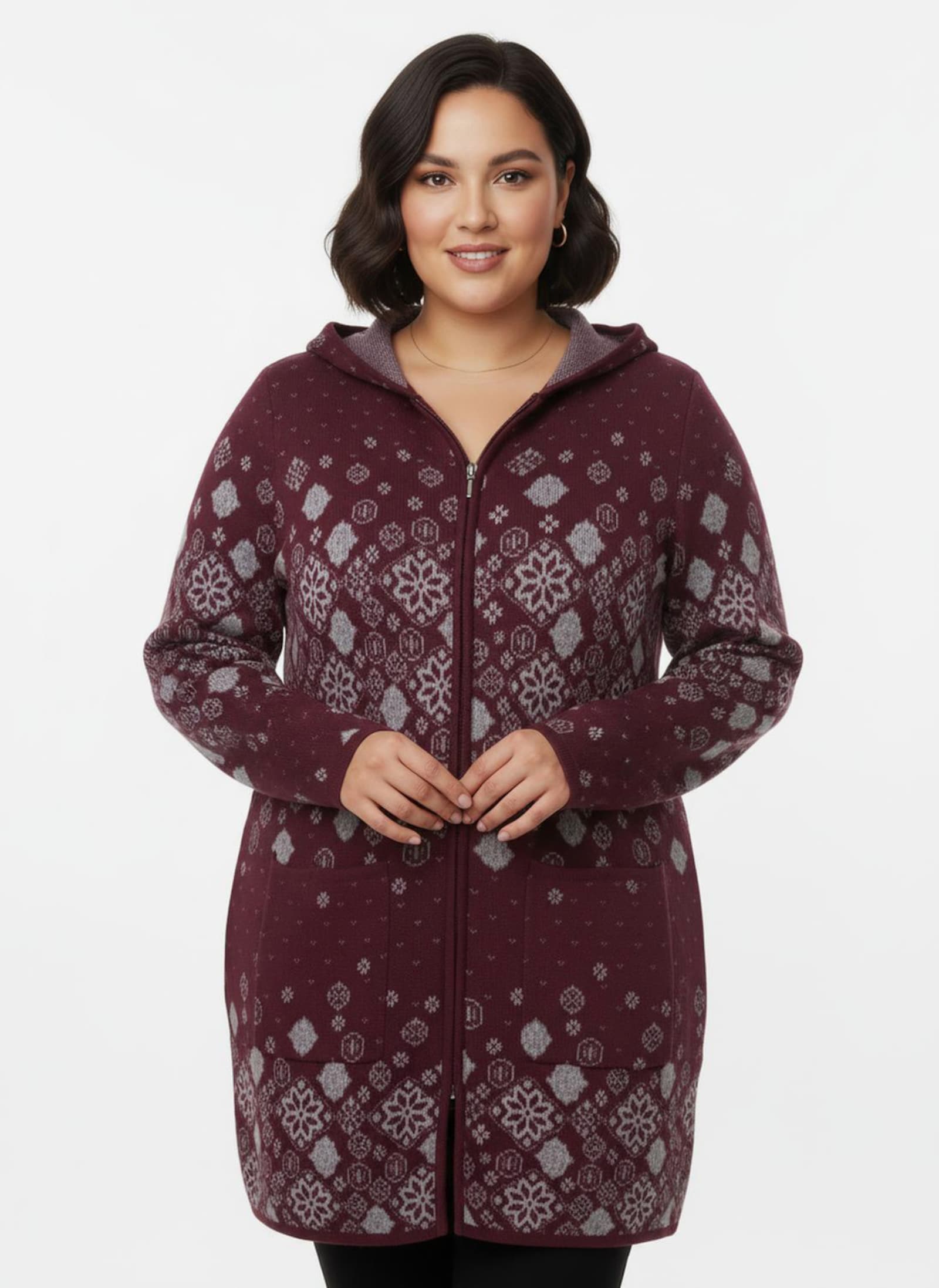 Longstrickjacke mit Jacquard-Strickmuster - dunkelrot-gemustert