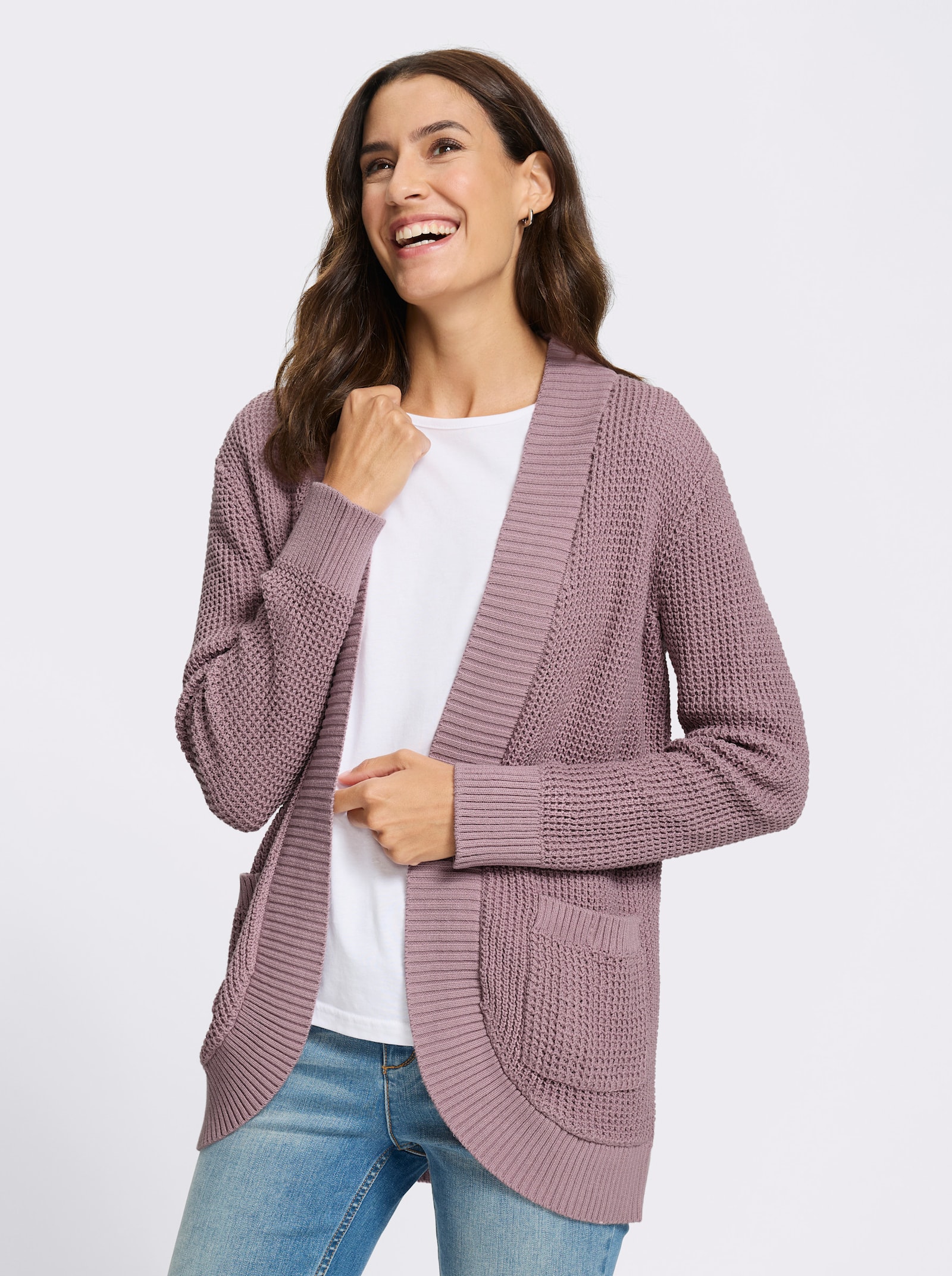 Strickjacke mit abgerundetem Saum vorne - mauve