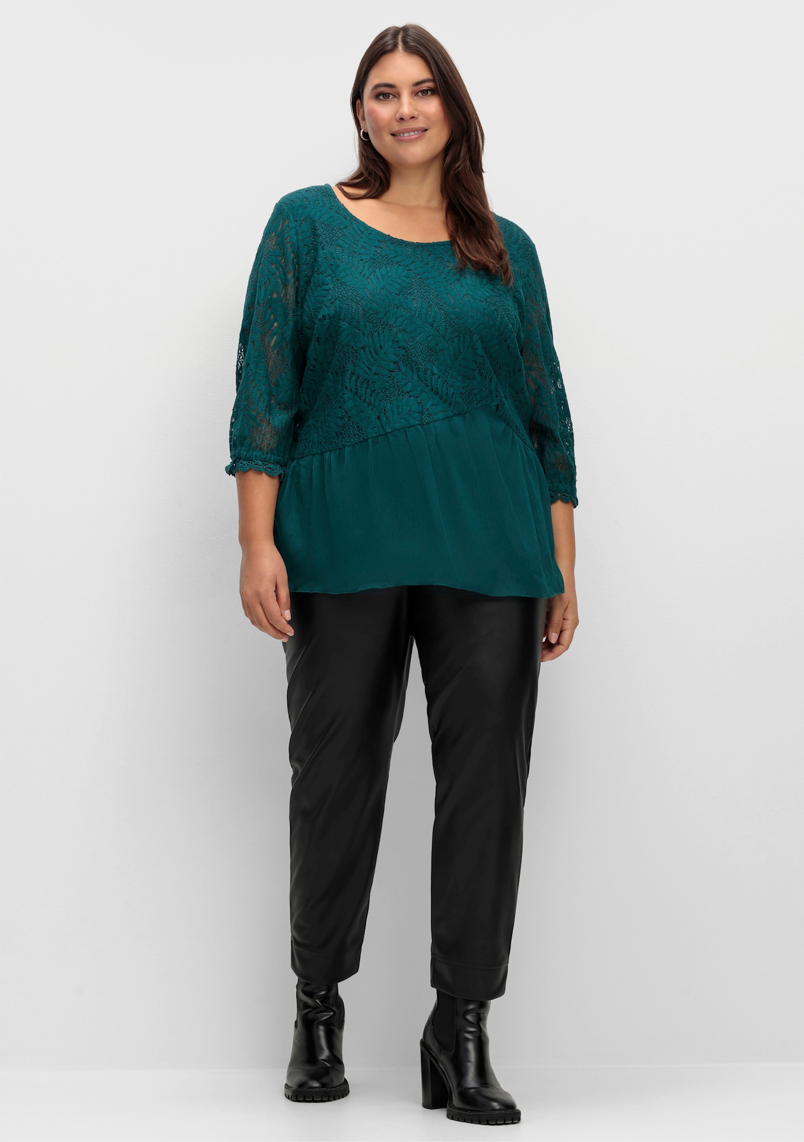Chiffonbluse mit Baumwoll-Spitze - petrol