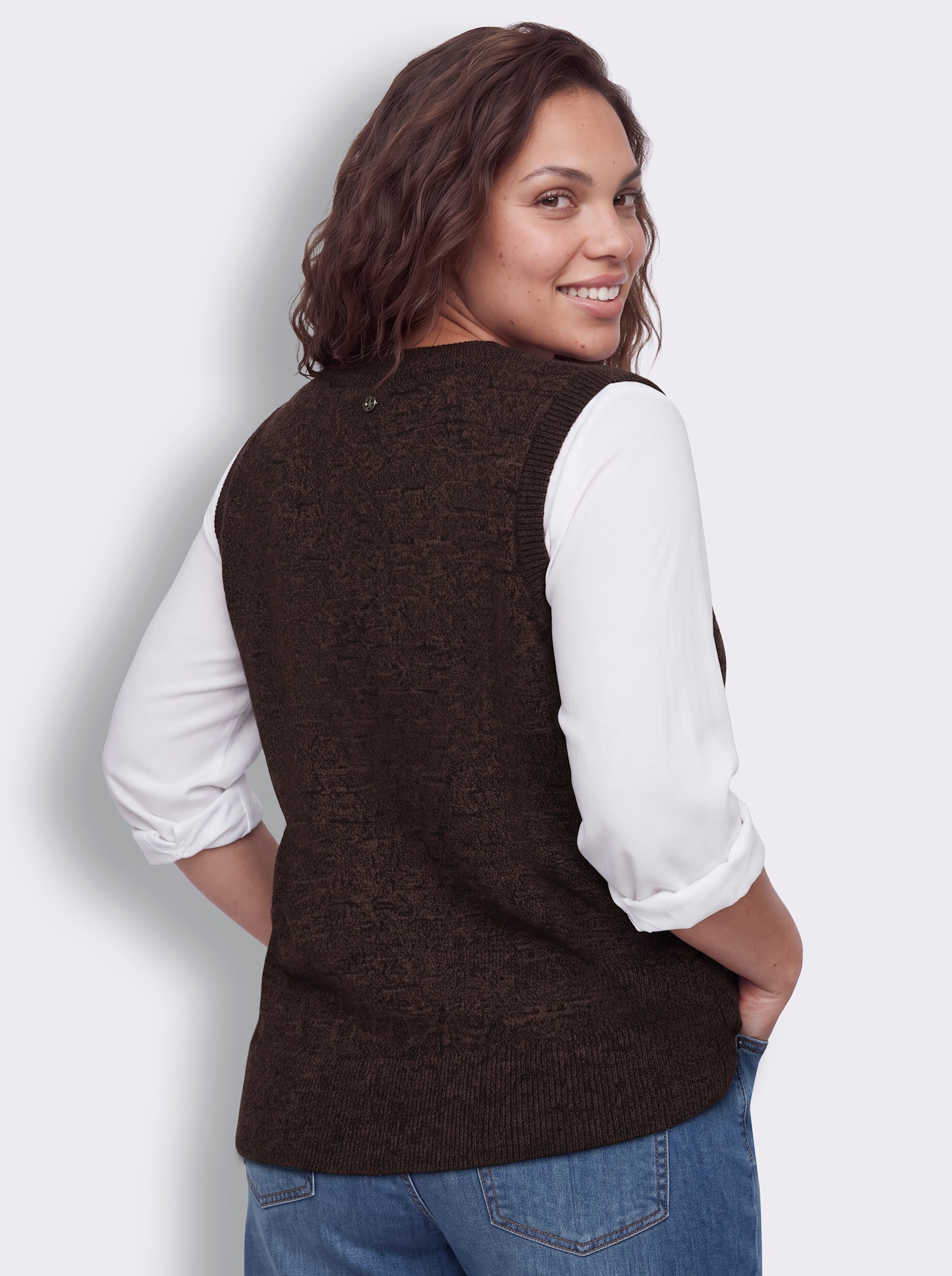 sheego Slip-over met siersteentjes bij de V-hals - choco/zwart