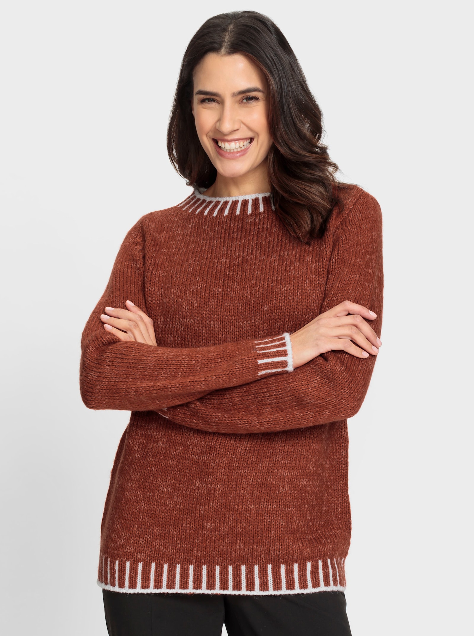 Langarm-Pullover mit effektvollen Kontrasten - rostrot-ecru-gemustert