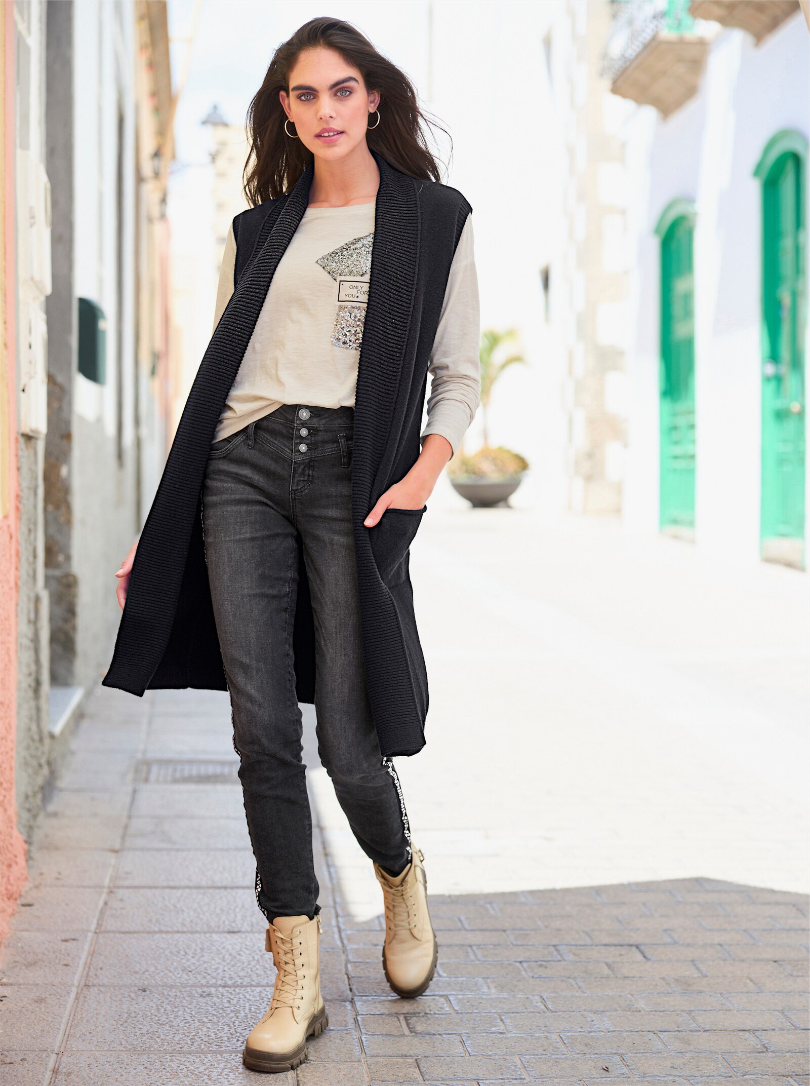 heine Mouwloos vest met geribde sjaalkraag - zwart