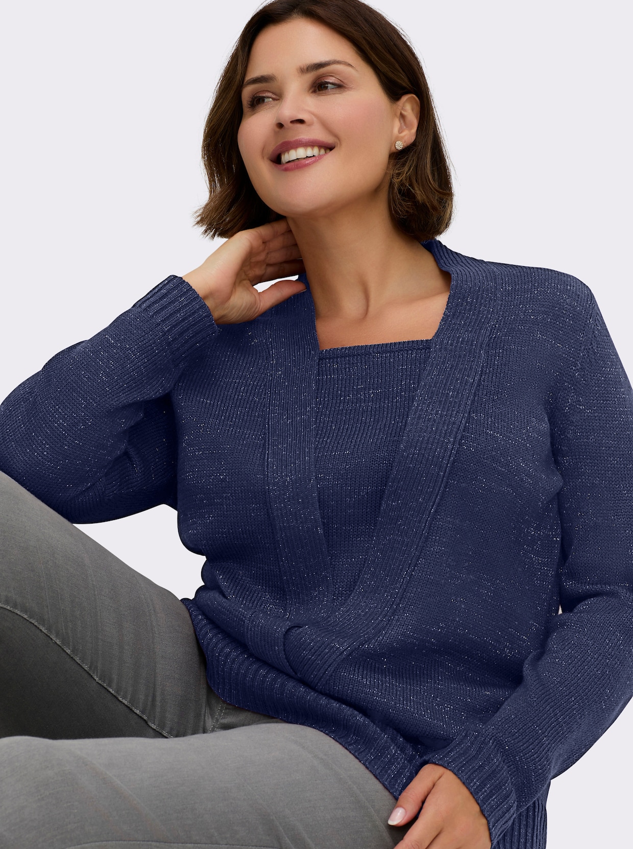 2-in-1-Pullover mit Schalkragen-Optik - blau-meliert