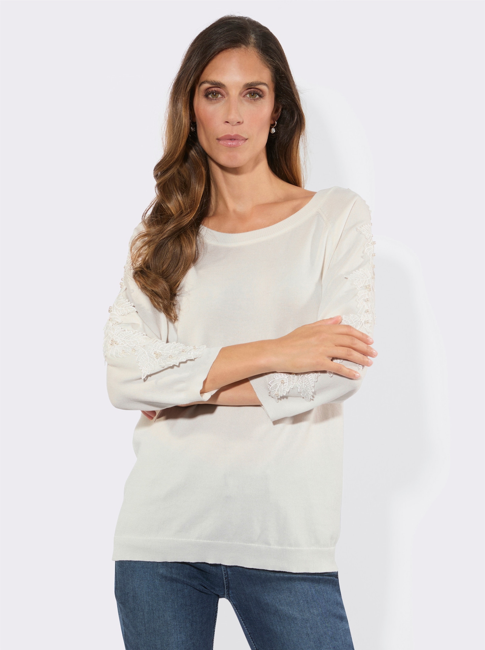 Langarm-Pullover mit Spitze und Zierperlen - ecru