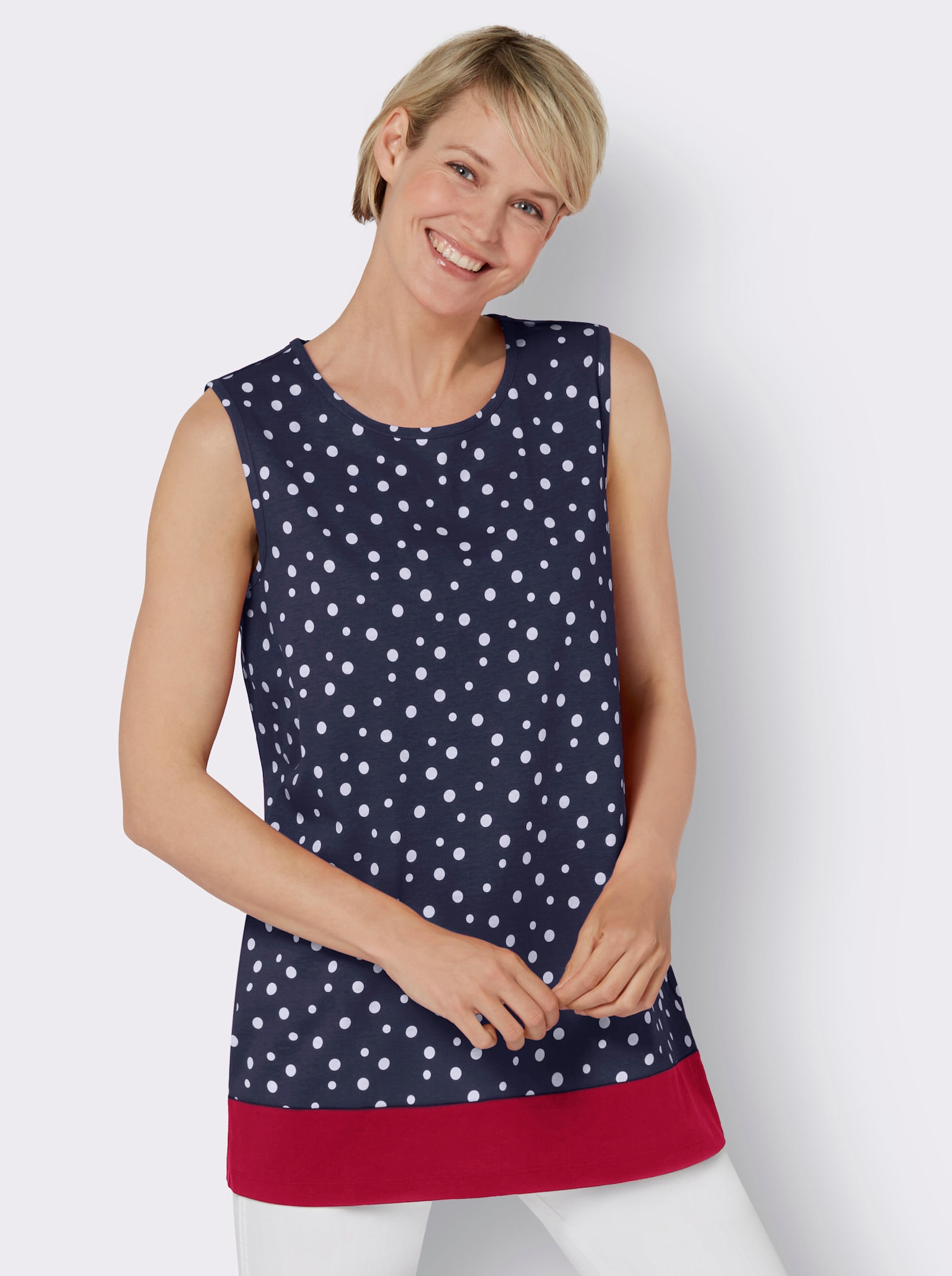 Lange top in A-lijn - marine/wit geprint