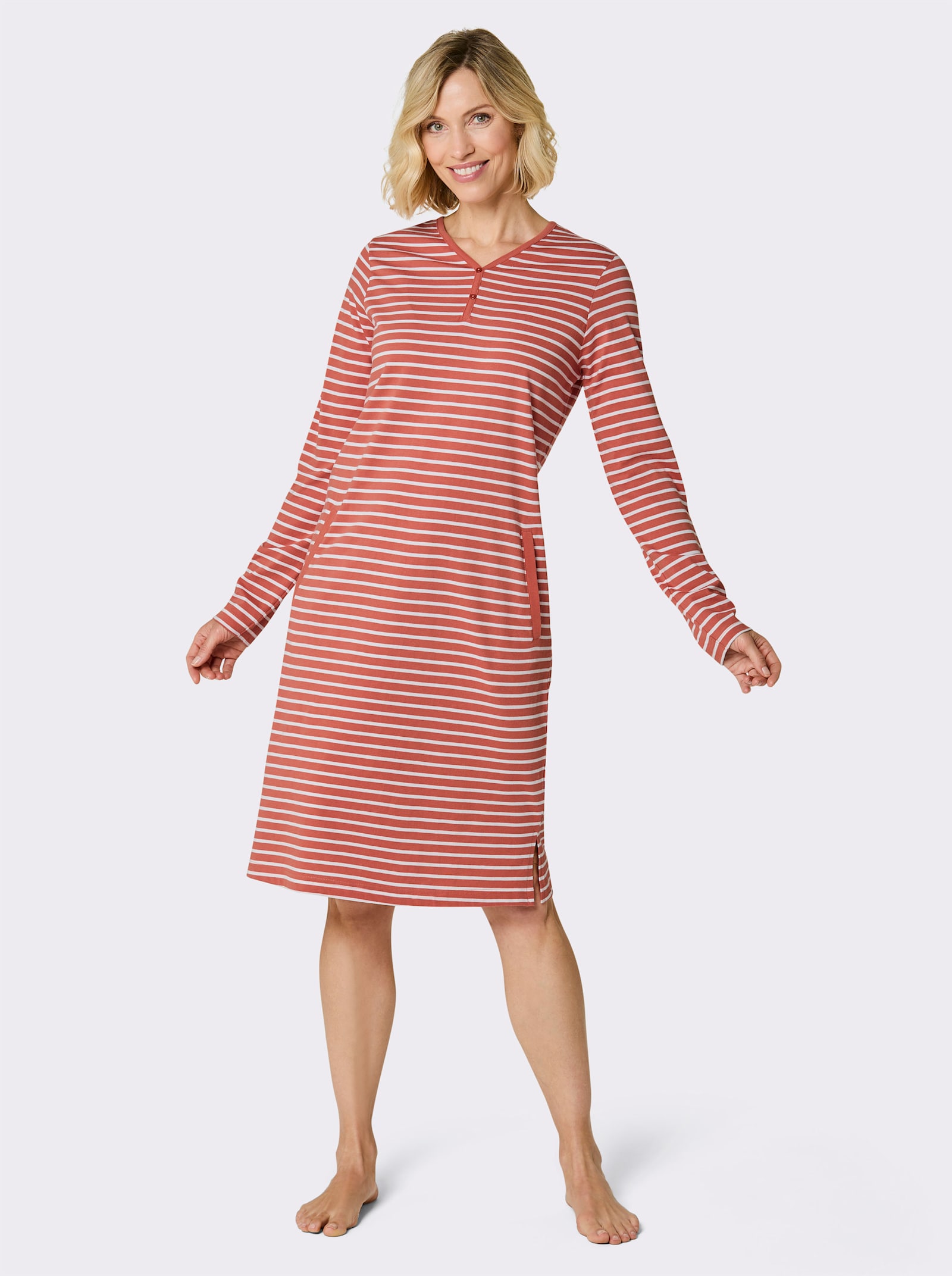 wäschepur Sleepshirt mit 2 Taschen - papaya-weiß-geringelt