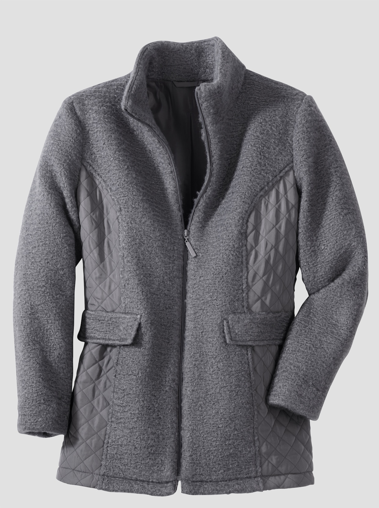 Boucléjack met doorgestikte inzetten - antraciet