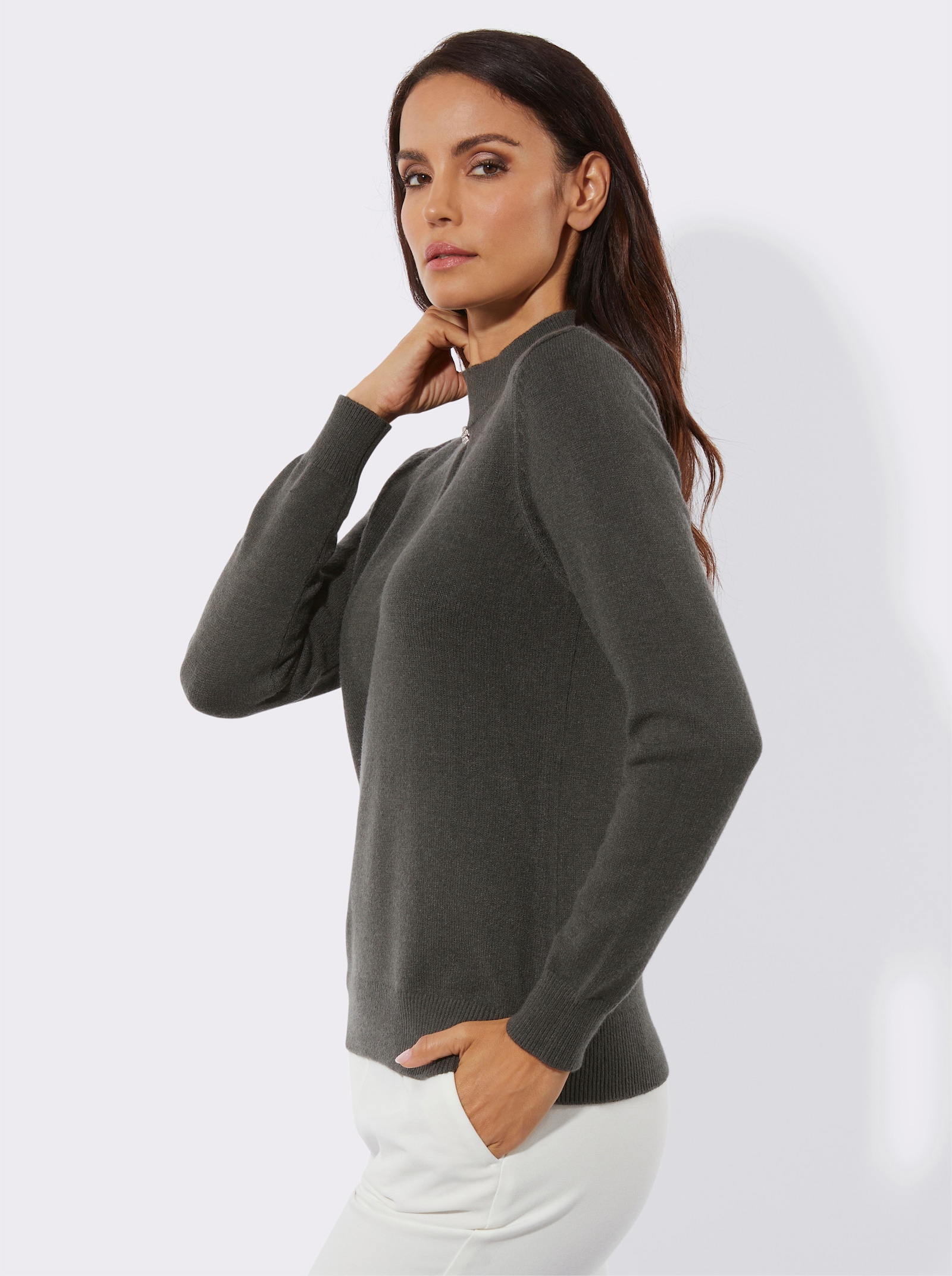 Langarm-Pullover mit Zierketten-Element - graphit