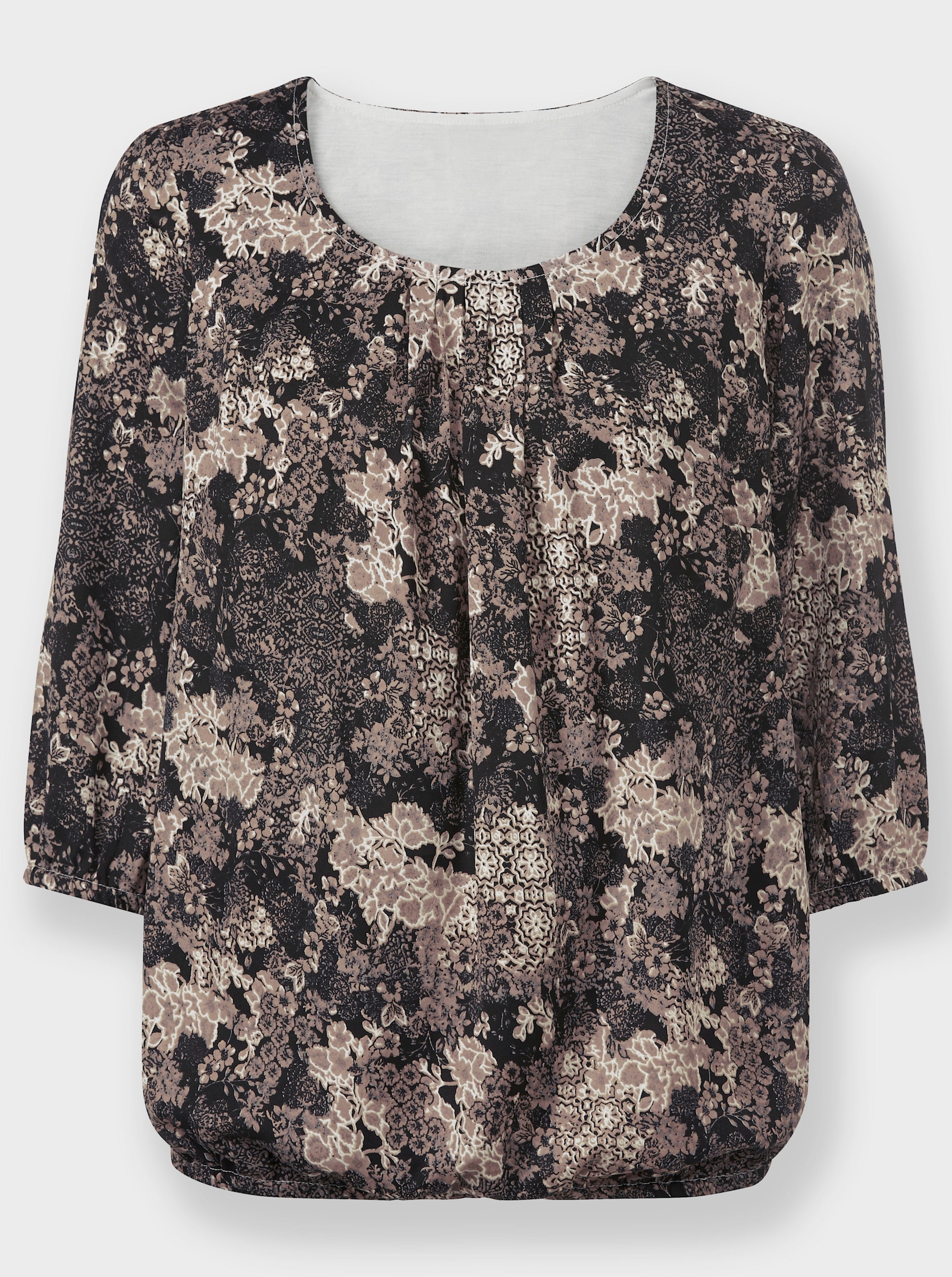 Druckbluse mit elastischen Abschlüssen - grau-ecru-bedruckt