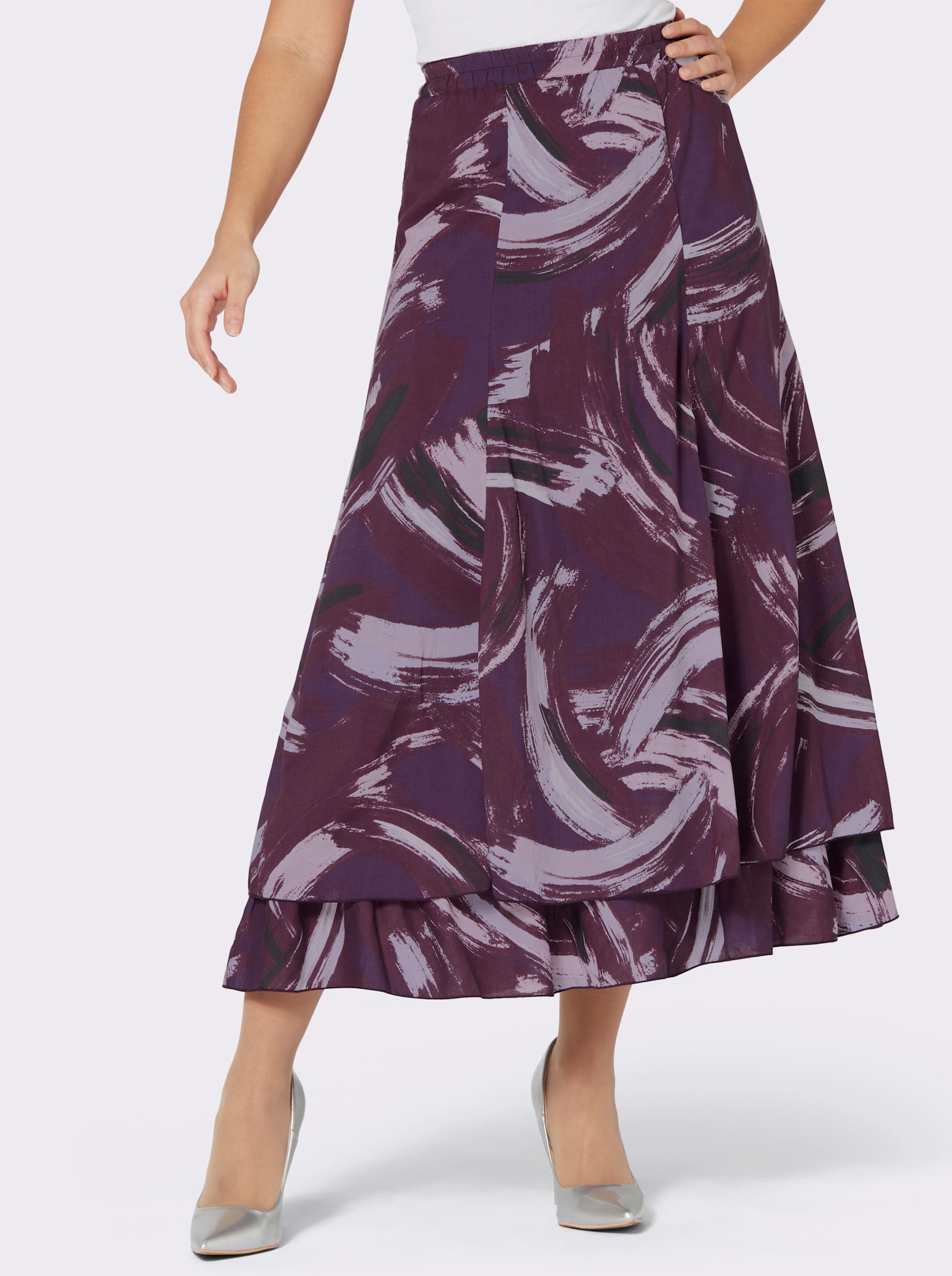 A-Linien-Rock in seidig-mattem Glanz - traube-flieder-bedruckt