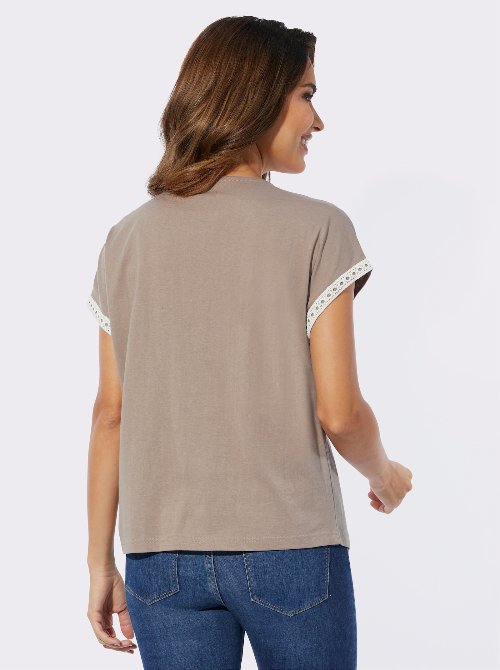 V-Shirt mit Häkelborte - taupe-ecru-bedruckt