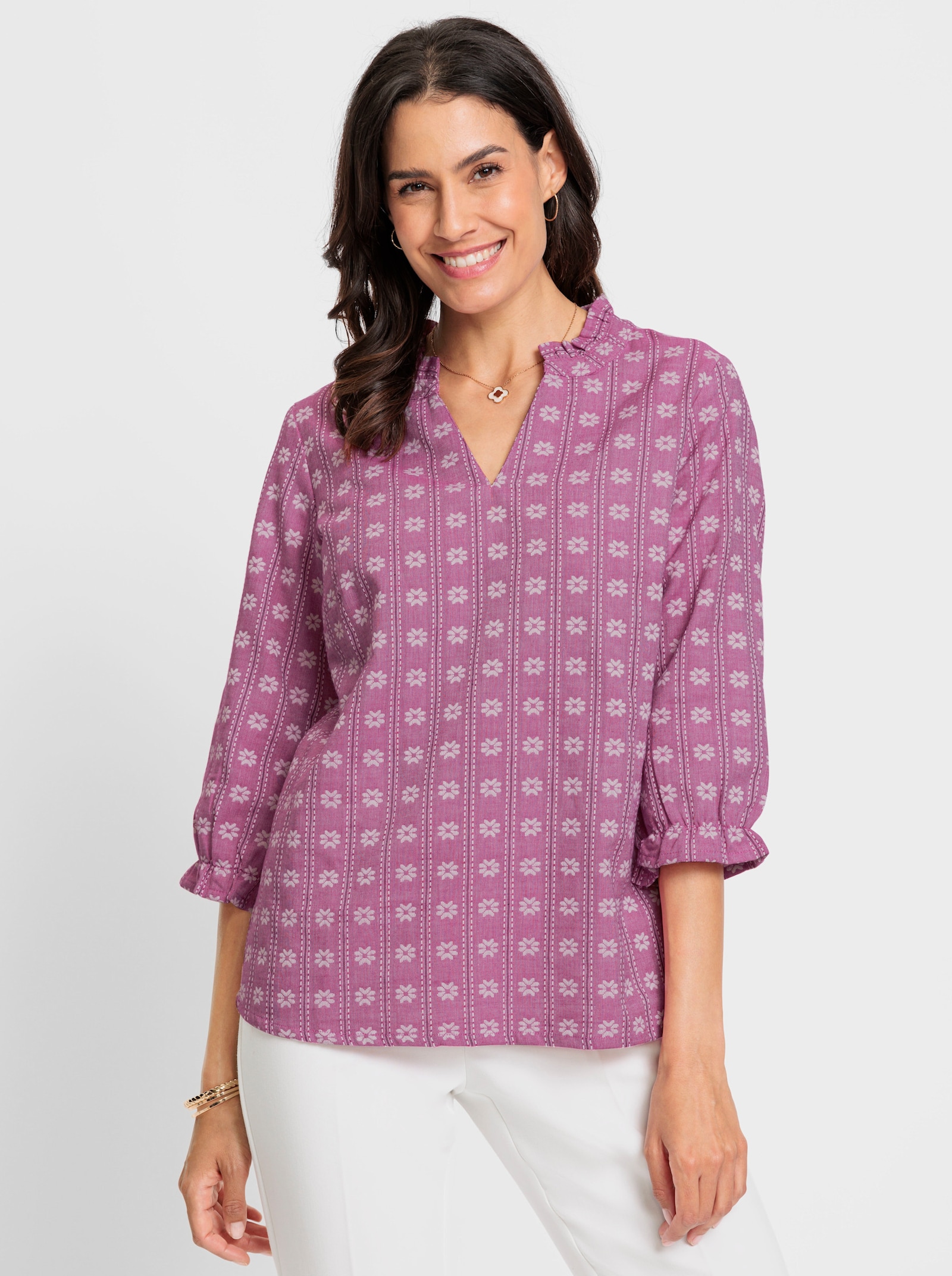Comfortblouse met ruchedetails - magenta bedrukt