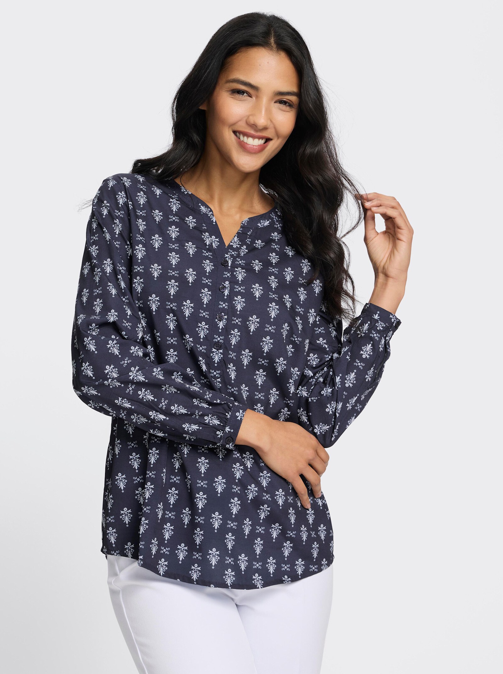 Schlupfbluse mit kurzer Knopfleiste - marine-ecru-bedruckt