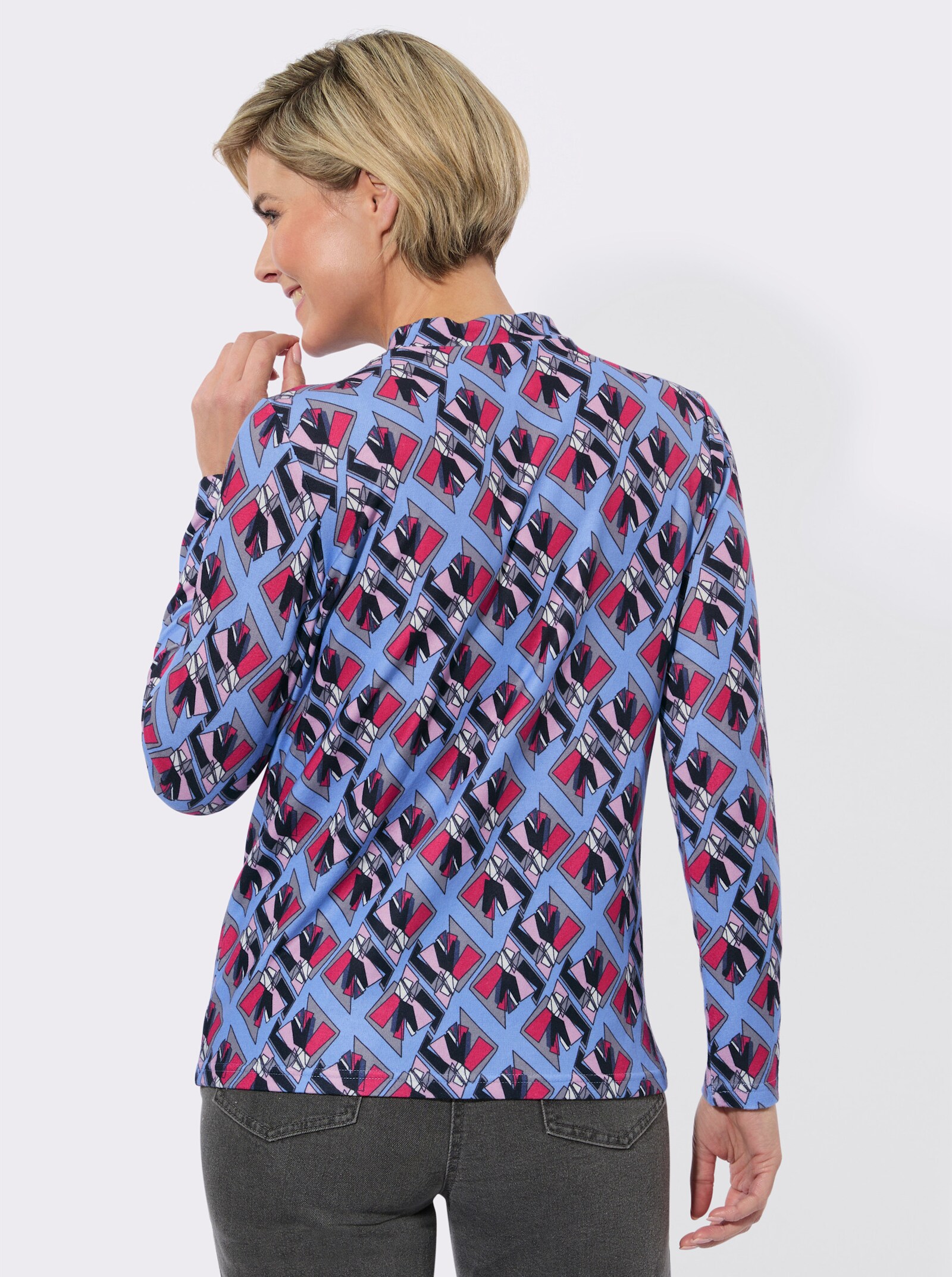 Stehkragenshirt mit grafischem Muster - pink-bleu-bedruckt
