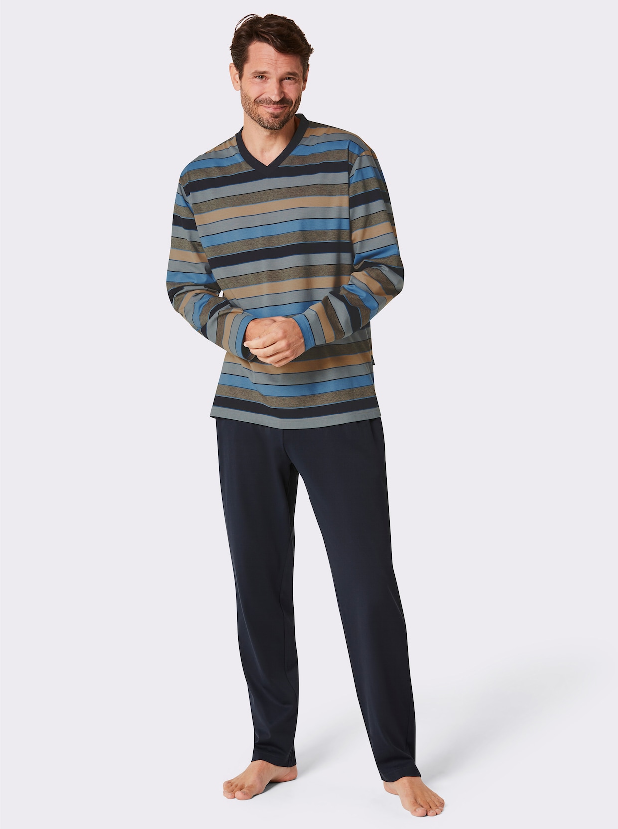 Hajo Pyjama - marine/beige gestreept