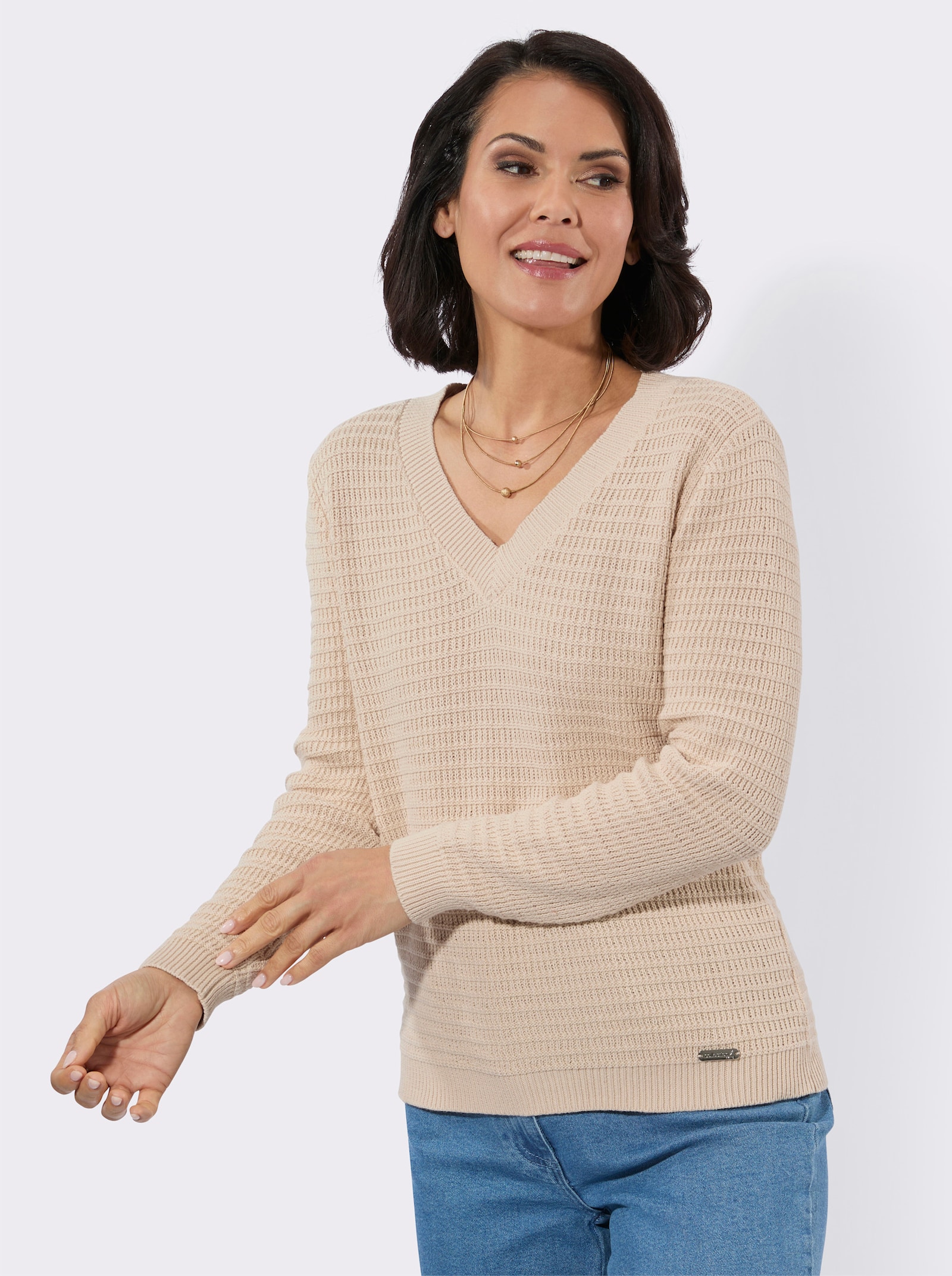V-Ausschnitt-Pullover mit geripptem Saum - elfenbein