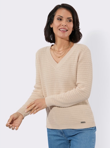 V-Ausschnitt-Pullover mit geripptem Saum - elfenbein