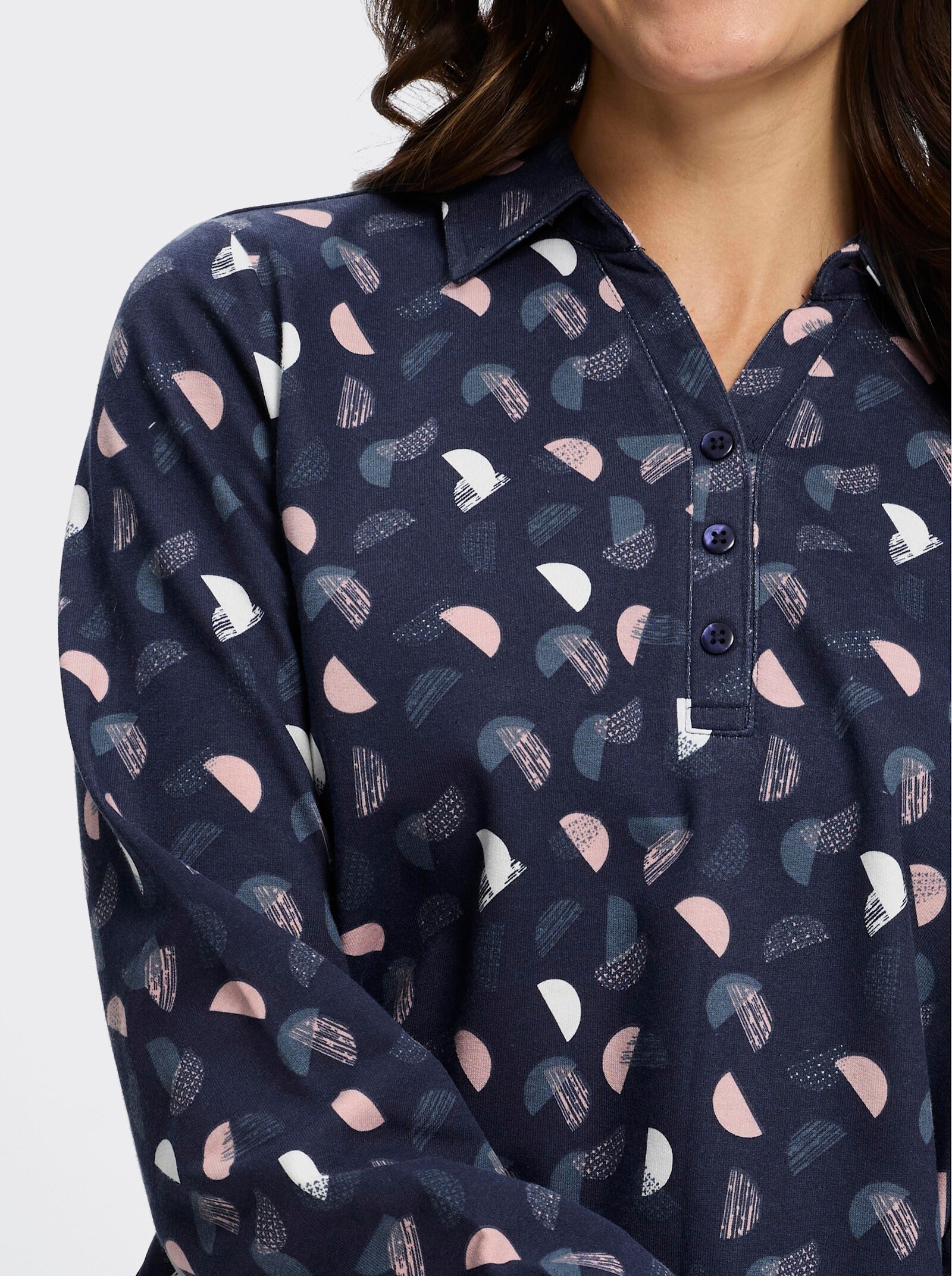 Langarm-Poloshirt mit kurzer Knopfleiste - marine-hortensie-bedruckt