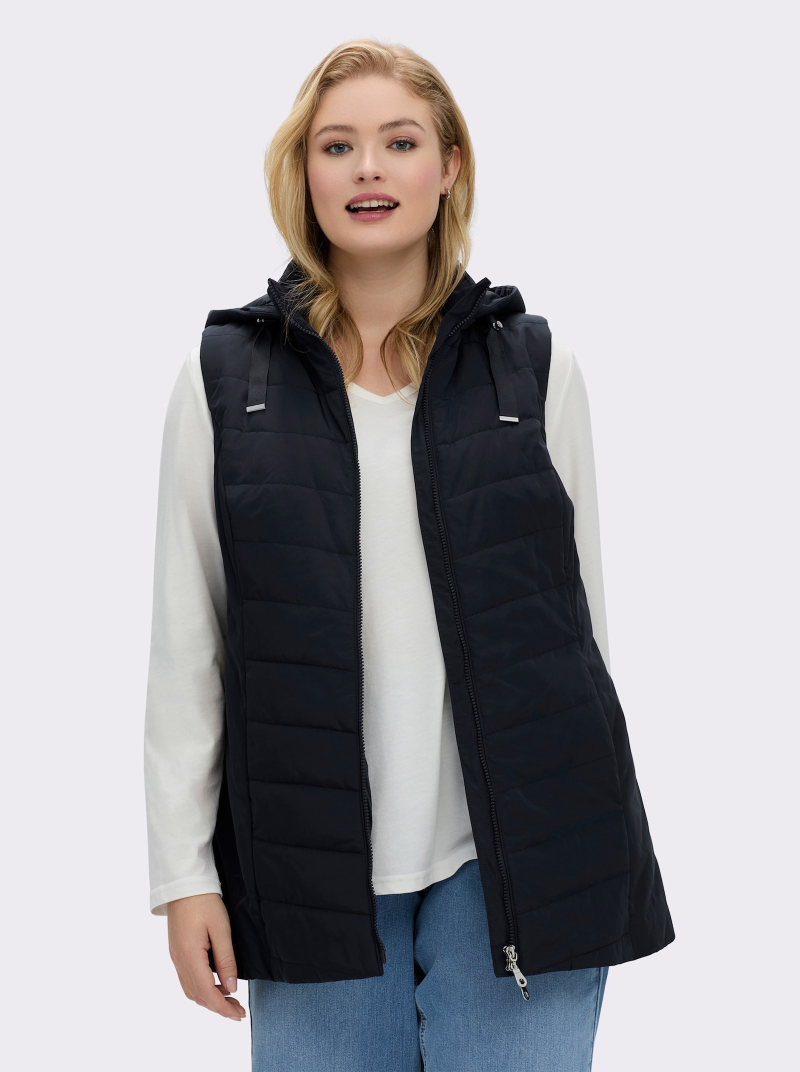 sheego Steppweste mit Kapuze und Stehkragen - tiefblau