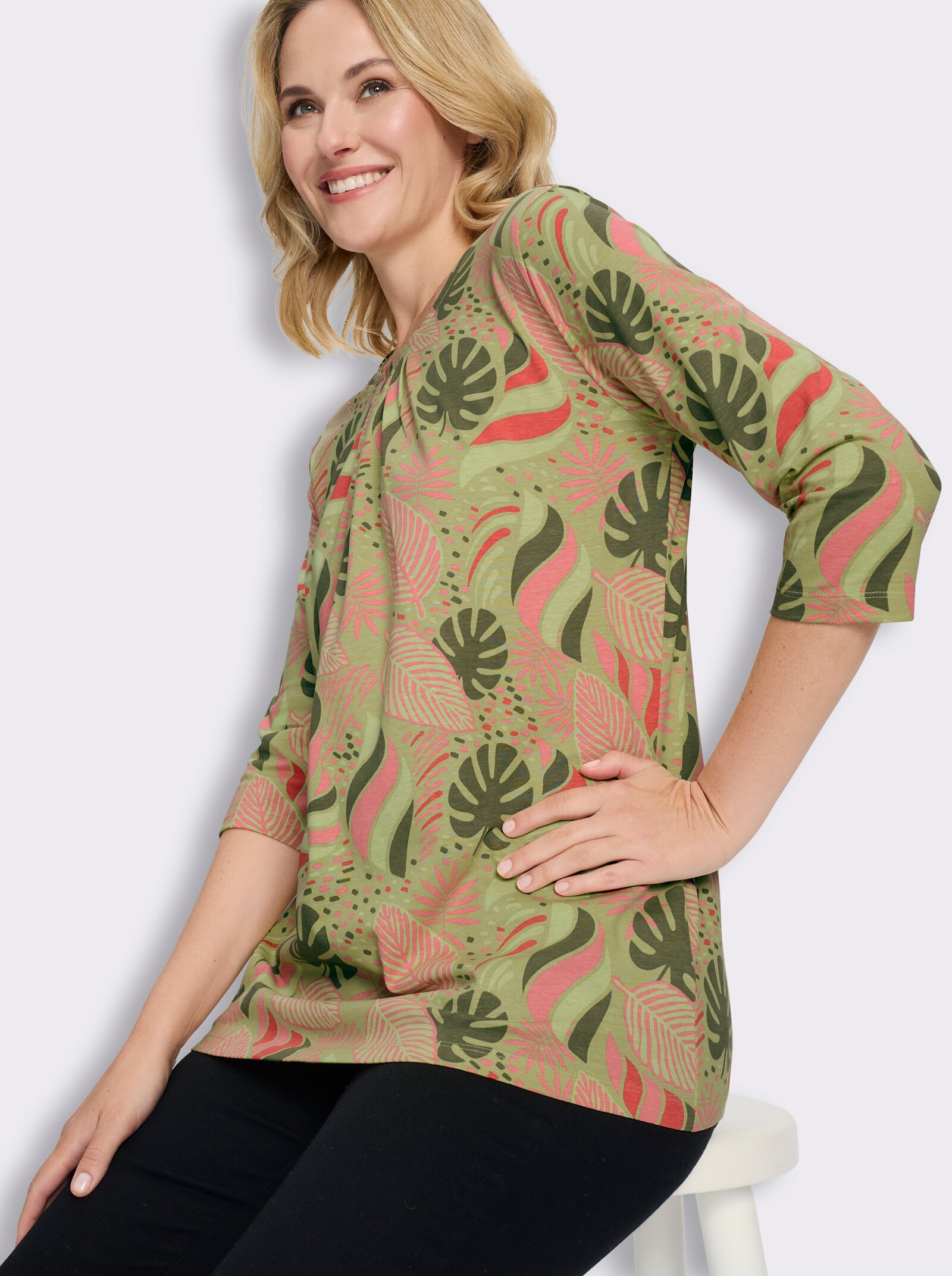 Longshirt in ausgestellter A-Linie - lindgrün-flamingo-bedruckt