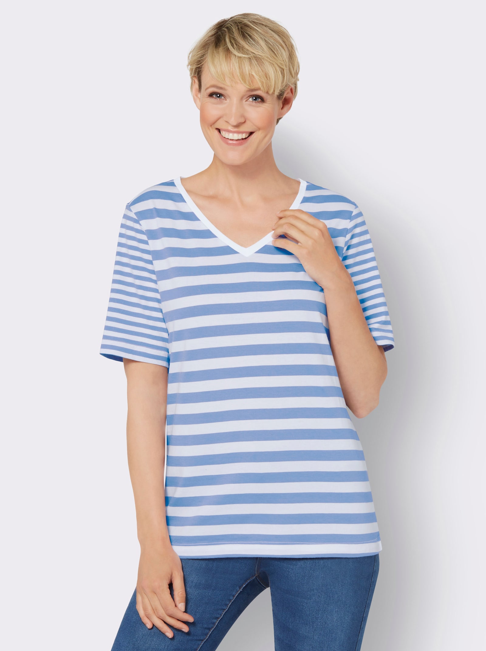 Kurzarmshirt , hochwertig garngefärbt - himmelblau-weiss-geringelt