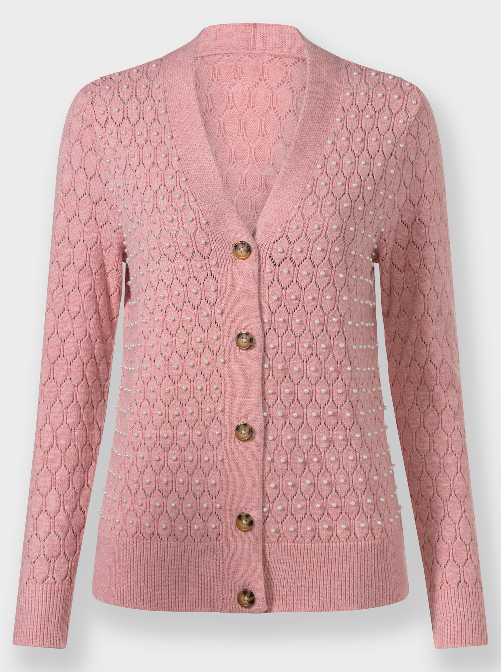 Ajourstrickjacke mit Zierperlen - rosenquarz-meliert