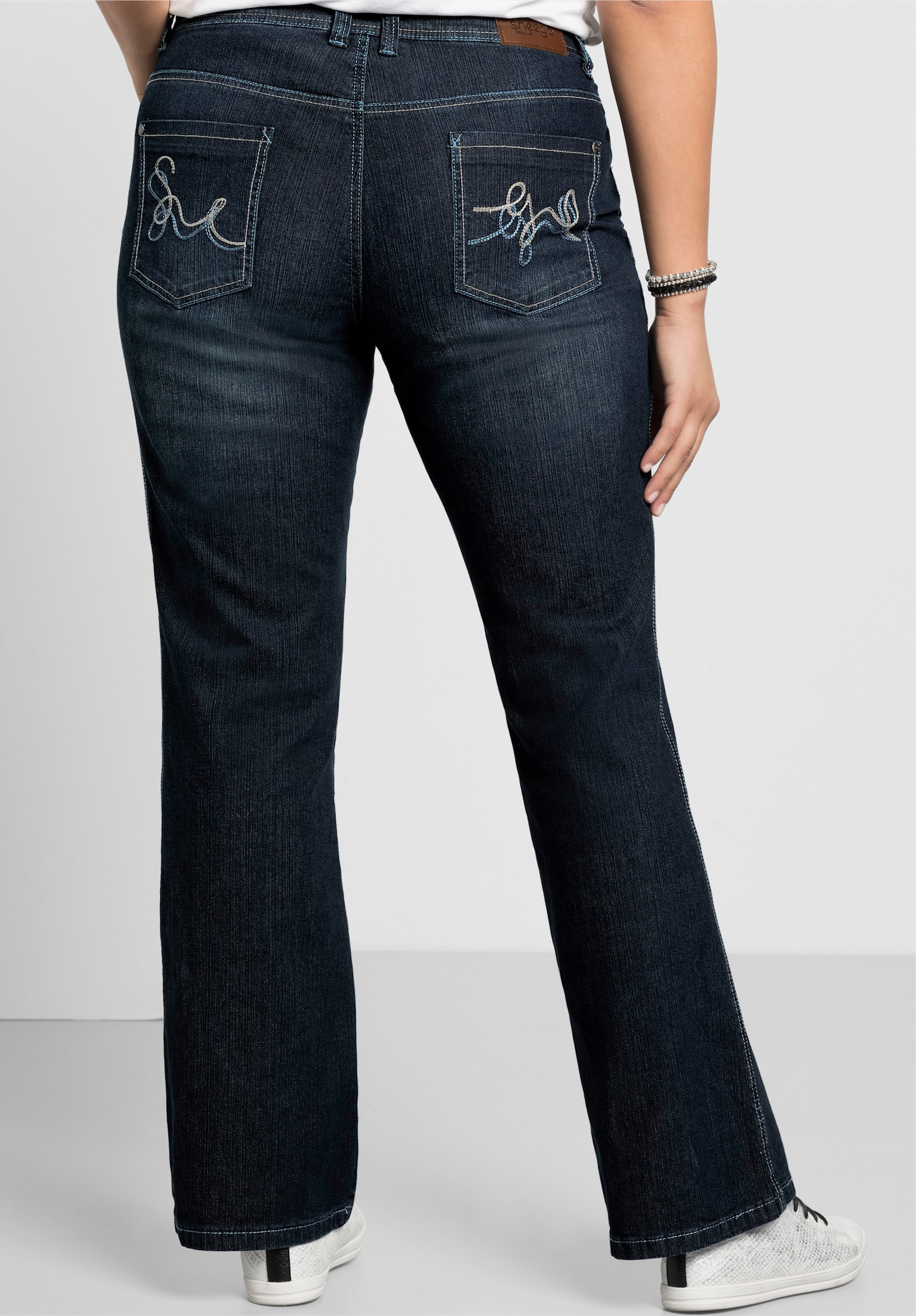 sheego Bootcut jeans met used-effecten - dark blue denim