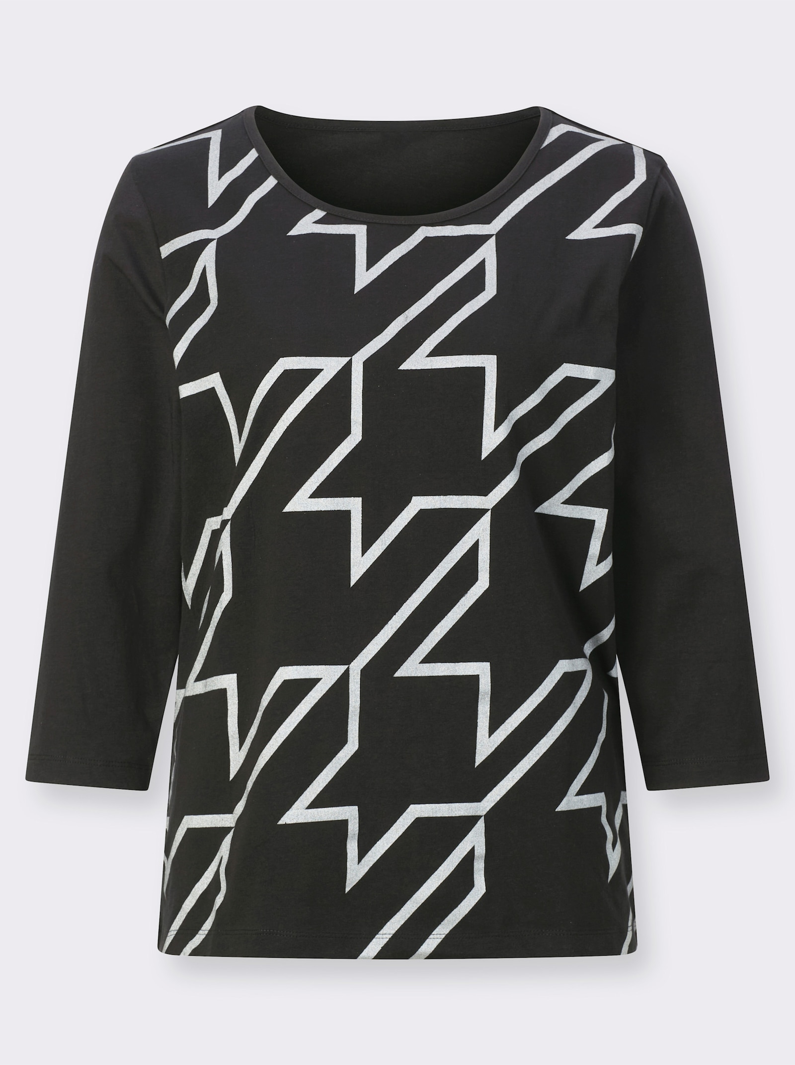 Rundhalsshirt mit Hahnentritt und Folienprint - schwarz