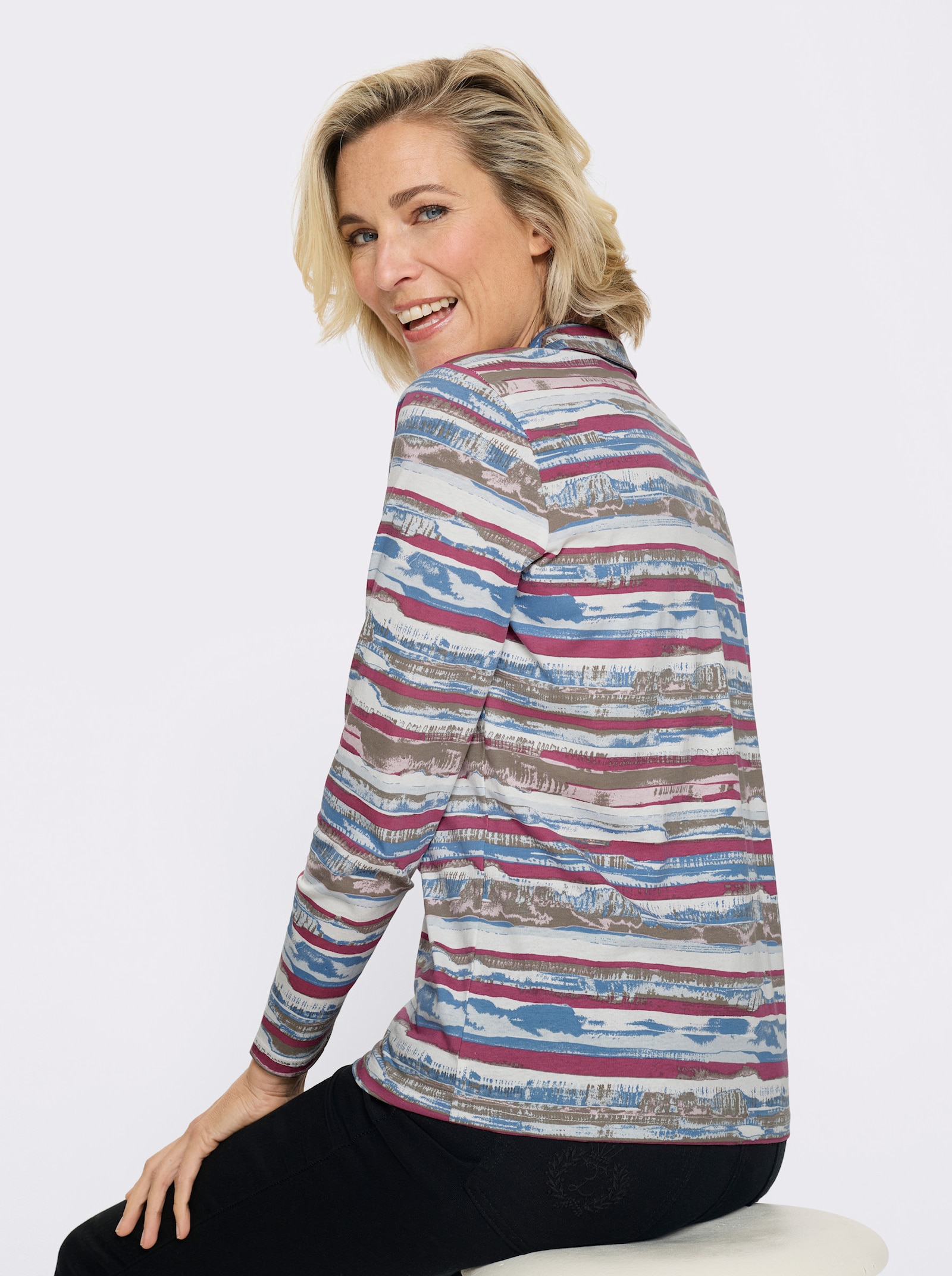 Langarmshirt mit kurzer Druckknopfleiste - erika-taupe-geringelt