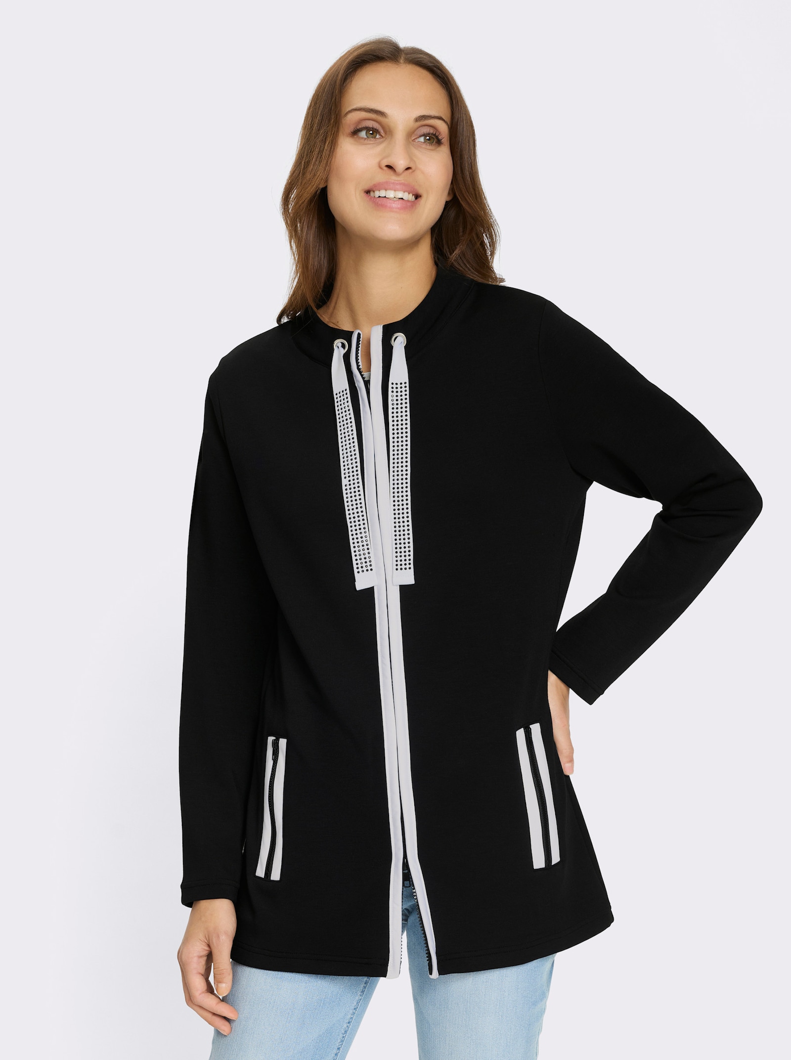 Sweatjacke mit 2-Wege-Reissverschluss - schwarz
