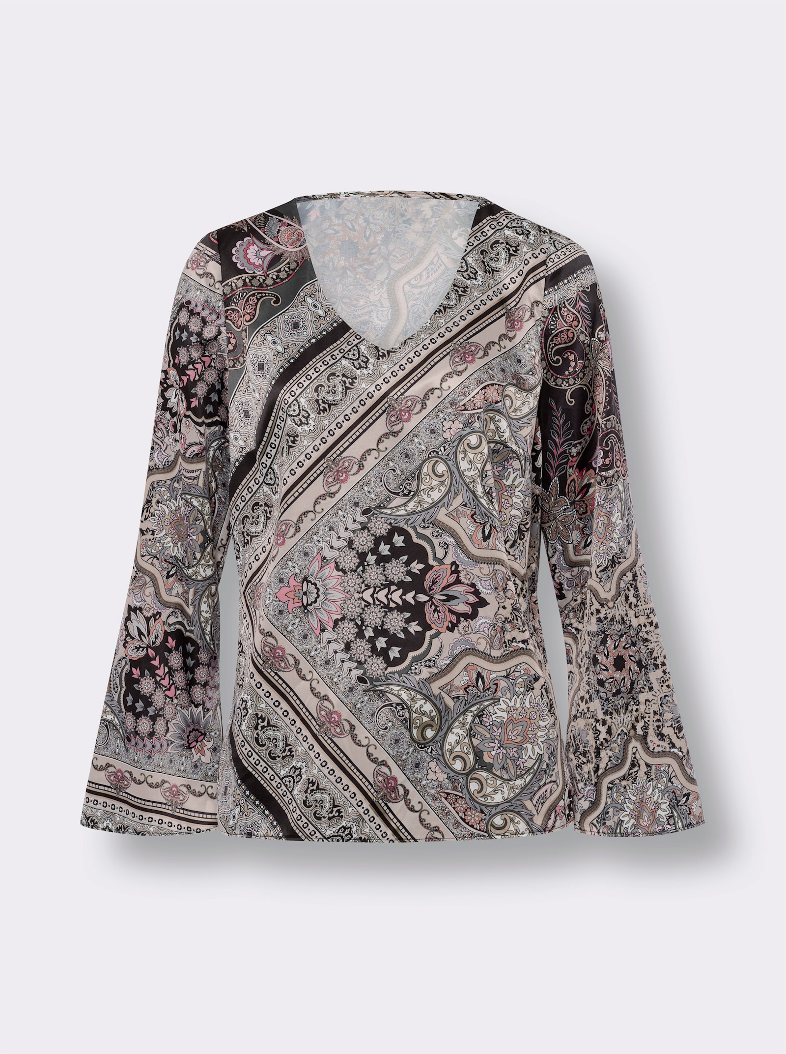 heine Satijnen blouse met trompetmouwen - grafiet/camel bedrukt