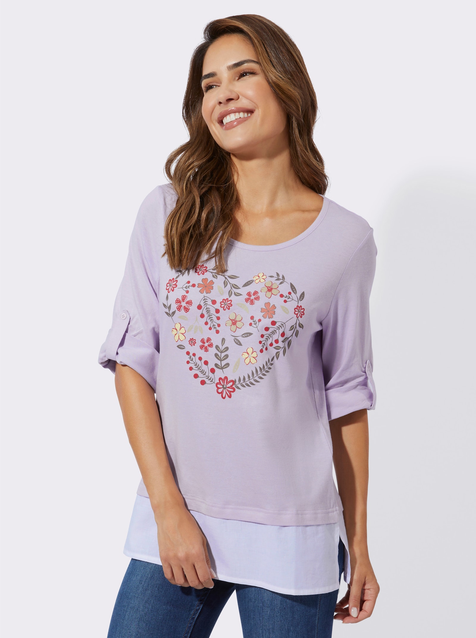 2-in-1-Shirt mit floralem Druck - flieder-weiß