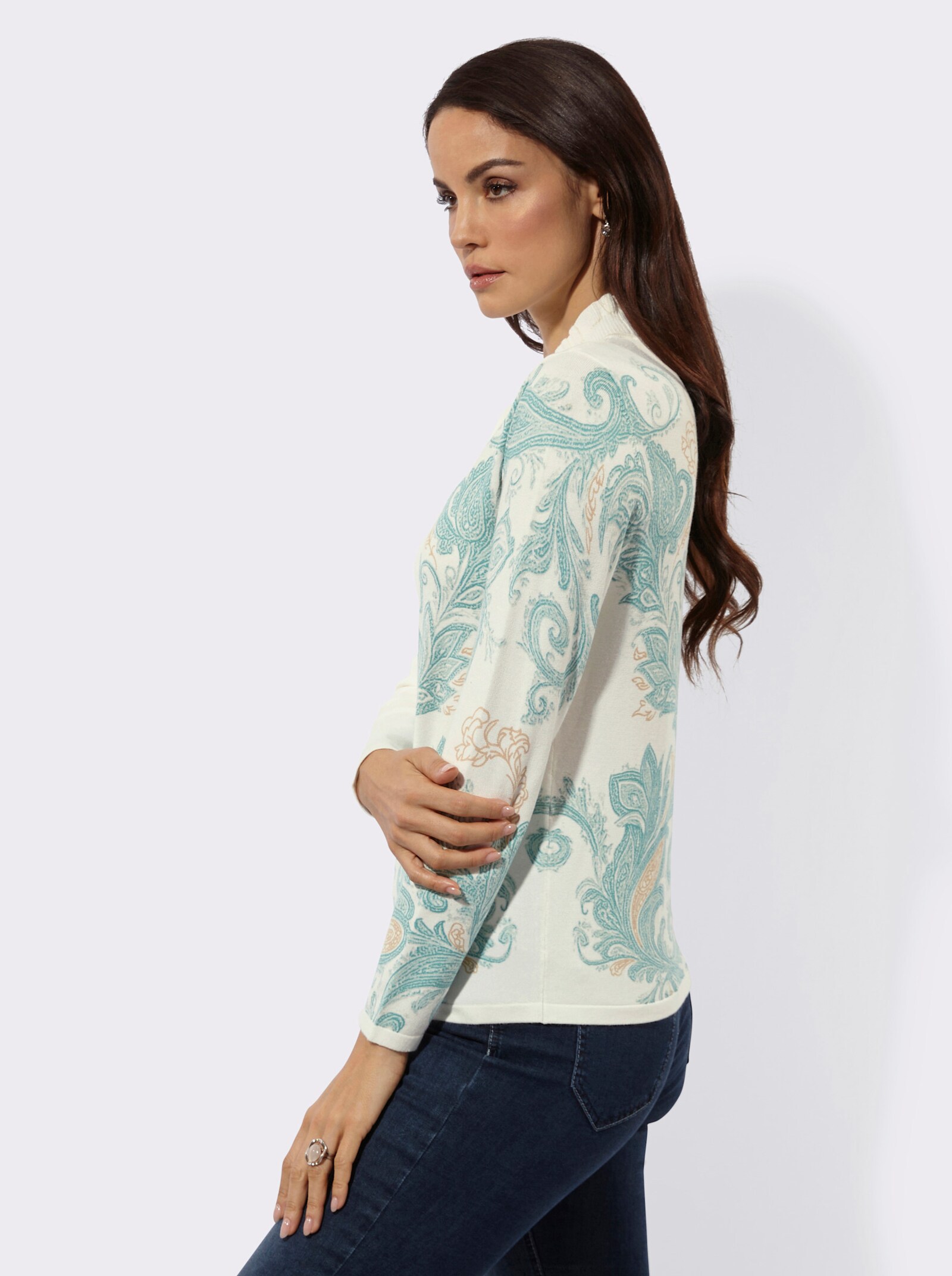 Langarm-Pullover mit einfarbigem Rückenteil - ecru-salbei-bedruckt