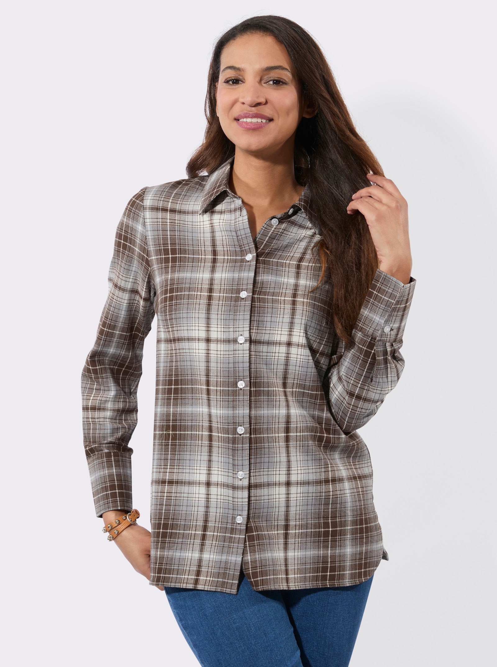 Flanellbluse mit Seitenschlitzen - braun-steingrau-kariert