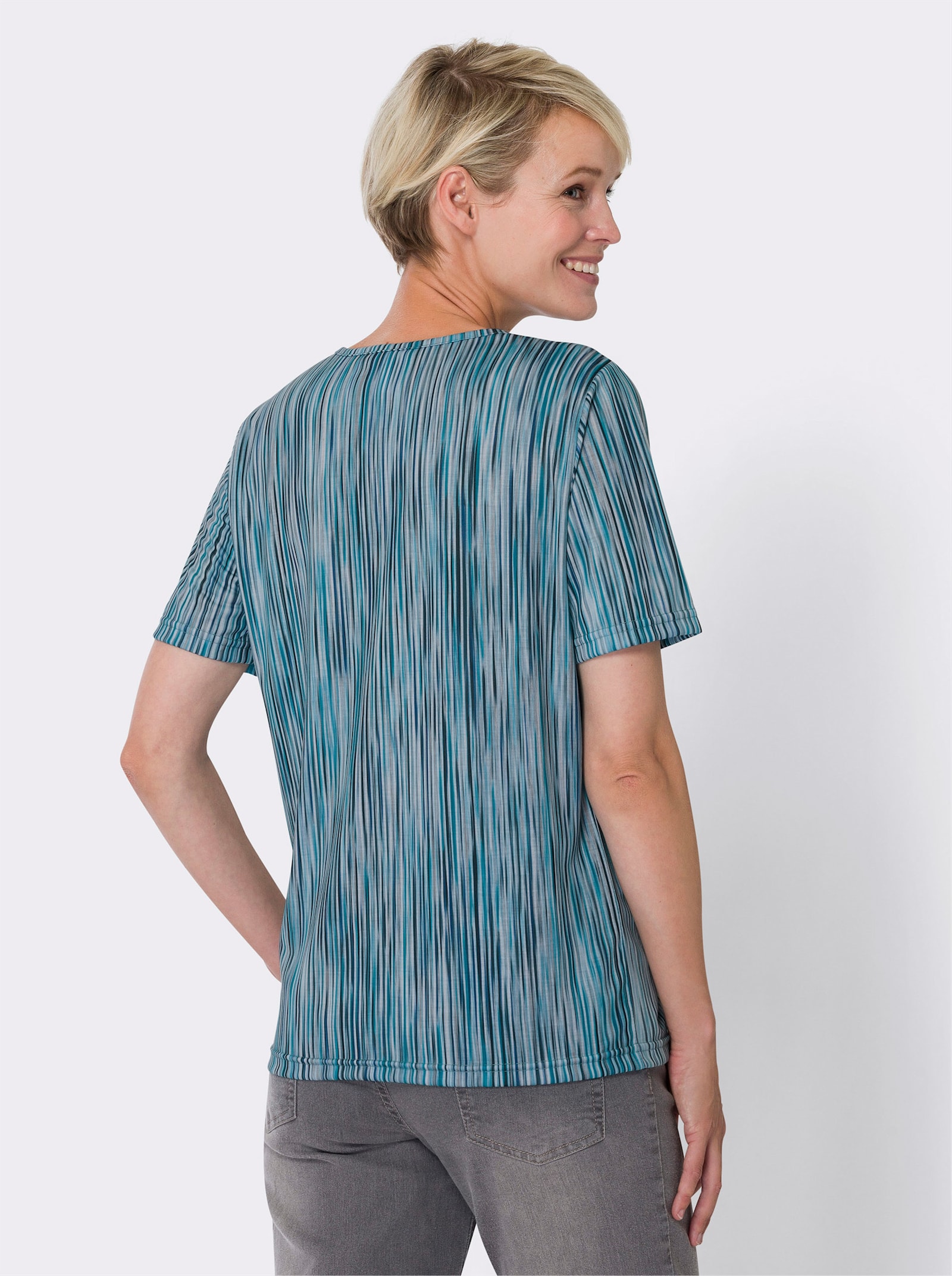 Shirt met korte mouwen van polyester, onderhoudsarm - aquapetrol/steengrijs gestreept