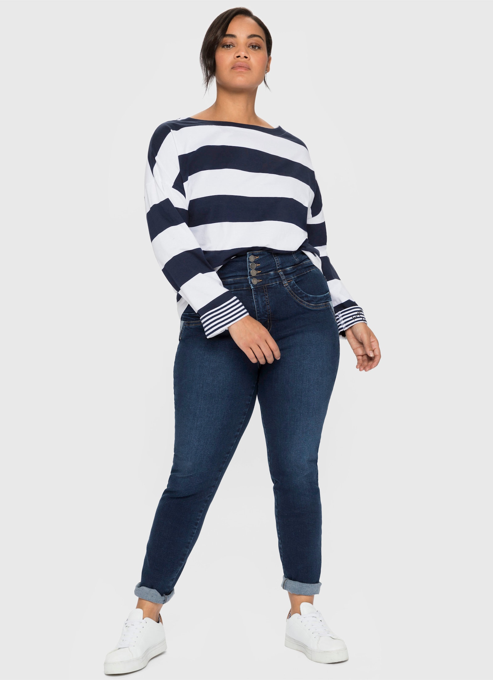 sheego Shirt met lange mouwen en brede strepen - marine